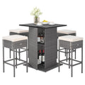 Tangkula 5 Piece Outdoor Rattan Bar Set, Patio Bar Furniture With 4 Cushions Stools And Smooth Top Table With Hidden Storage Shelf, Outdoor Conversation Set For Poolside, Backyard, Lawn (Grey-White)