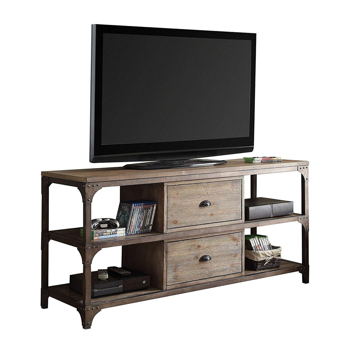 HomeRoots Furniture TV Stand, Weathered Oak & Antique Silver - Pine Veneer, MDF, Iron Fr Weathered Oak & Antique Silver (286073)