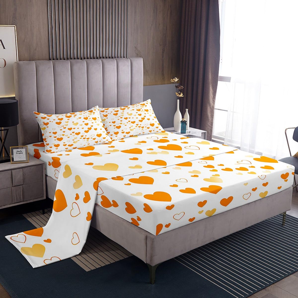 Feelyou Valentine'S Day Sheet Set Full Orange Heart Love Bed Set For Adults Cute Bed Sheets Romantic Theme Sheets 4Pcs,1 Fitted