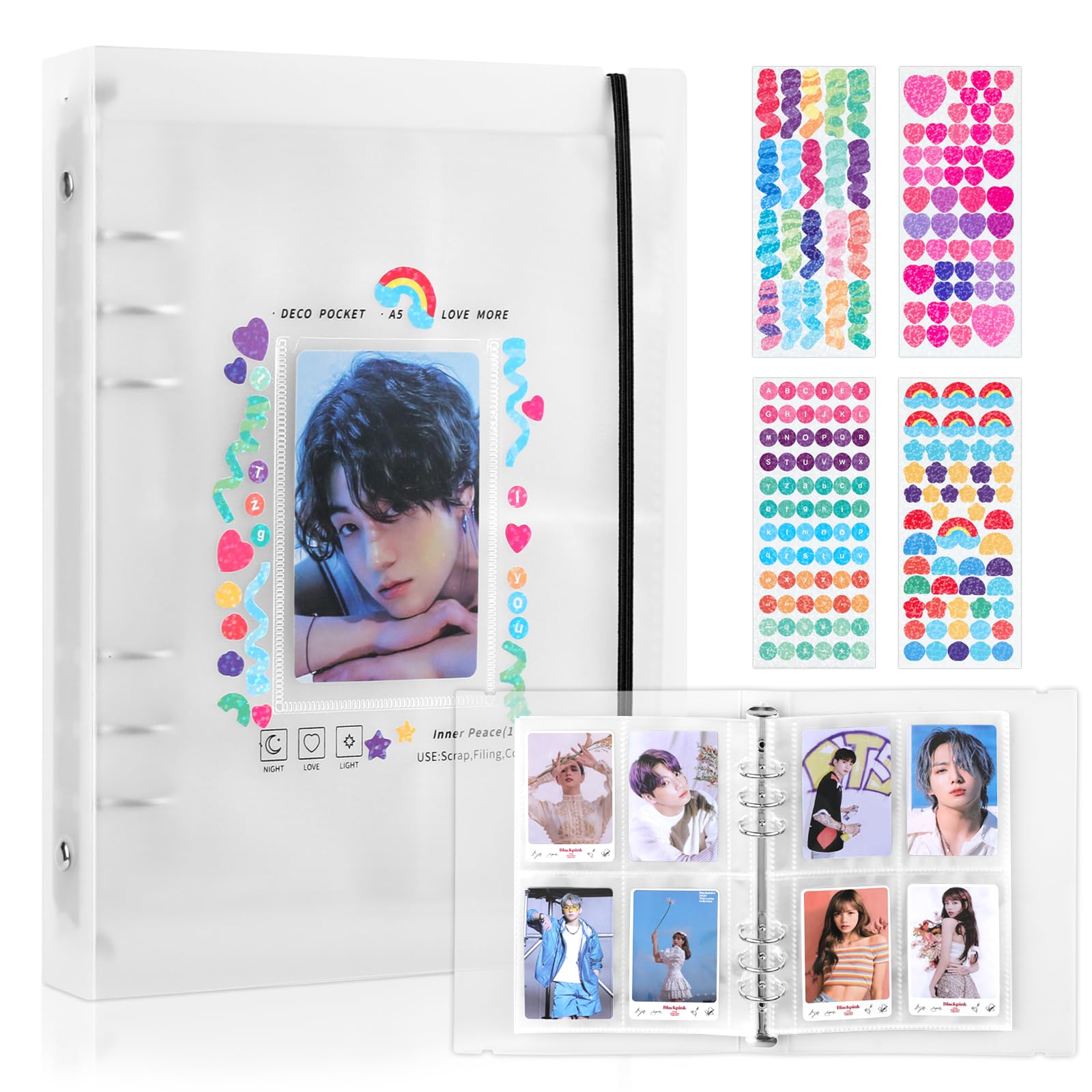 Rio Direct A5 Kpop Photocard Binder 200 Pockets - Kpop Photocard Holder Book 25 Sleeves - Clear 6 Ring Kpop Photo Card Binder -