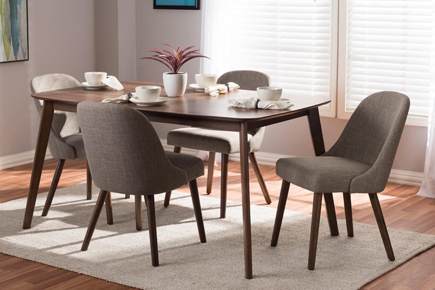 Baxton Studio Cody Mid-Century Modern Light Grey Fabric Upholstered Walnut Finished Wood 5-Piece Dining Set Grey//Medium Wood/Mid-Century/Table/Fabric Polyester 100%&quot;/Rubber Wood/Foam