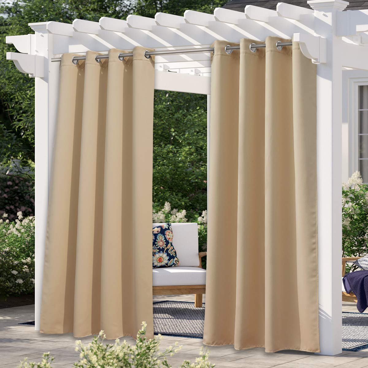 Nicetown Blackout Outdoor Curtains For Patio Waterproof 95 Inch Length, Thermal Insulated Silver Stainless Steel Grommet Indoor/