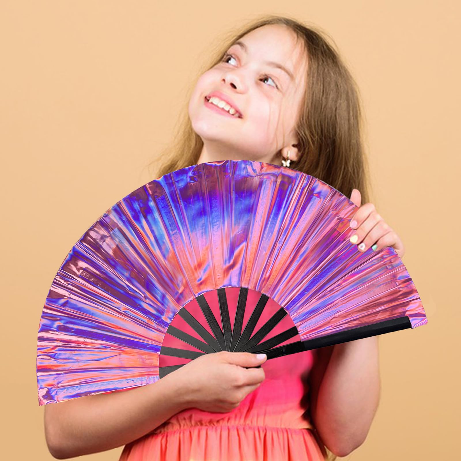 dmjuncong Holographic Purple Folding Hand Rave Fan - 11in, Large Size, High Airflow, Perfect for Festivals and Parties