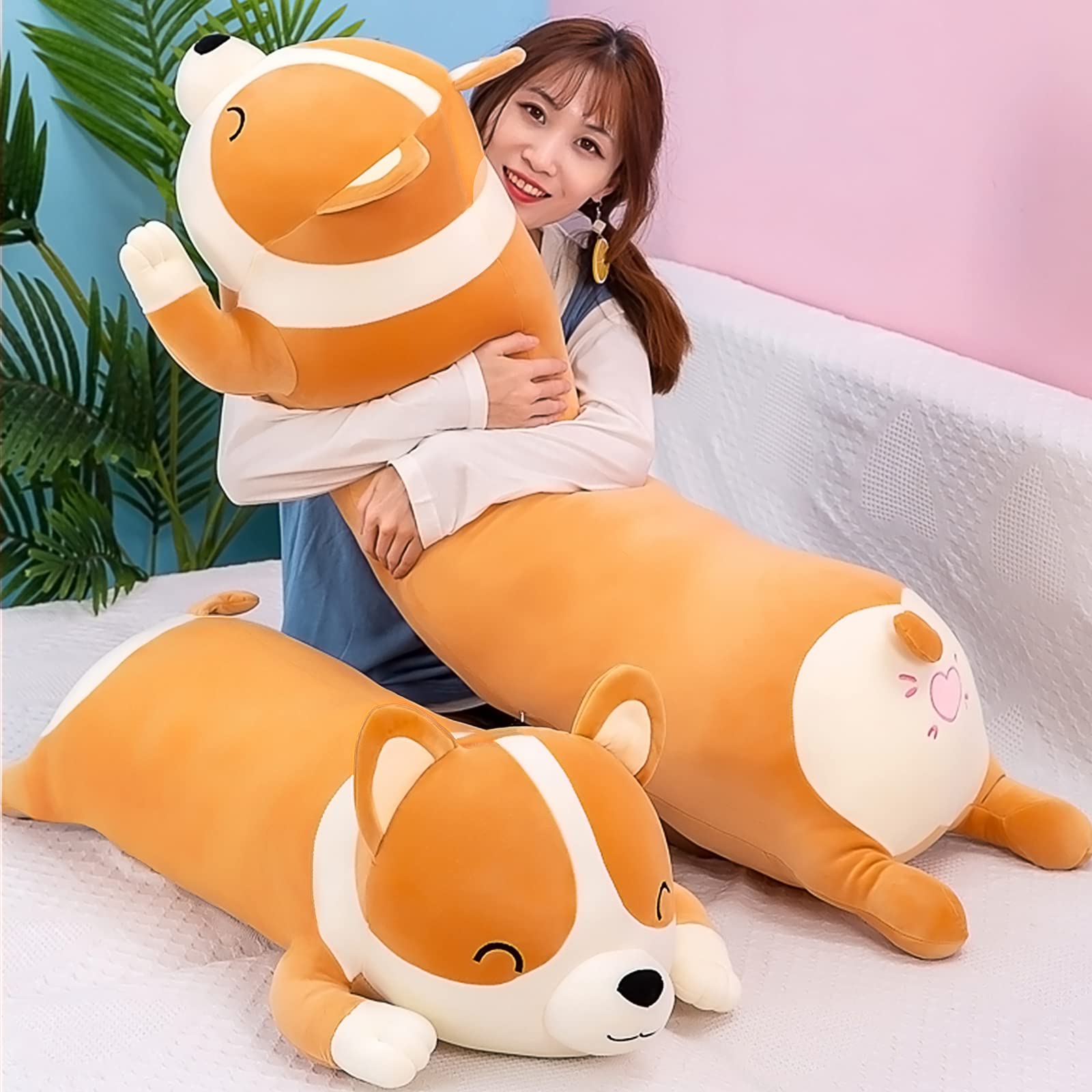 Snowolf Shiba Inu Plush Pillow Stuffed Animal Dog 39.4Inch Cute Corgi Akita Soft Plush Toy Comfort Cushion Gifts For Girls Boys