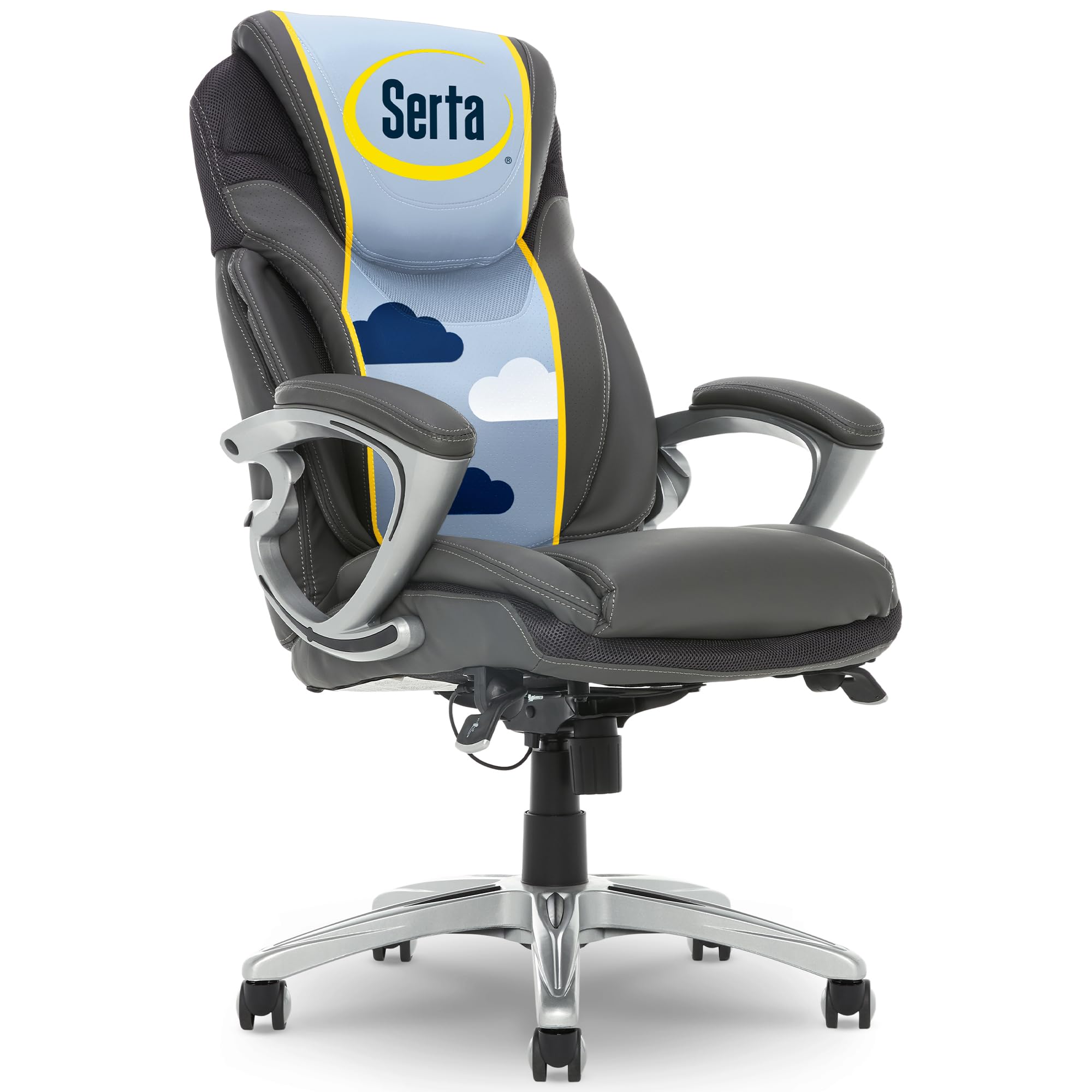 Serta Bryce Executive Office Chair, Ergonomic Computer Deskchair With Patented Air Lumbar Technology, Comfortable Layered Body Pillows For Cushioning, Sertaquality Foam, Bonded Leather, Gray