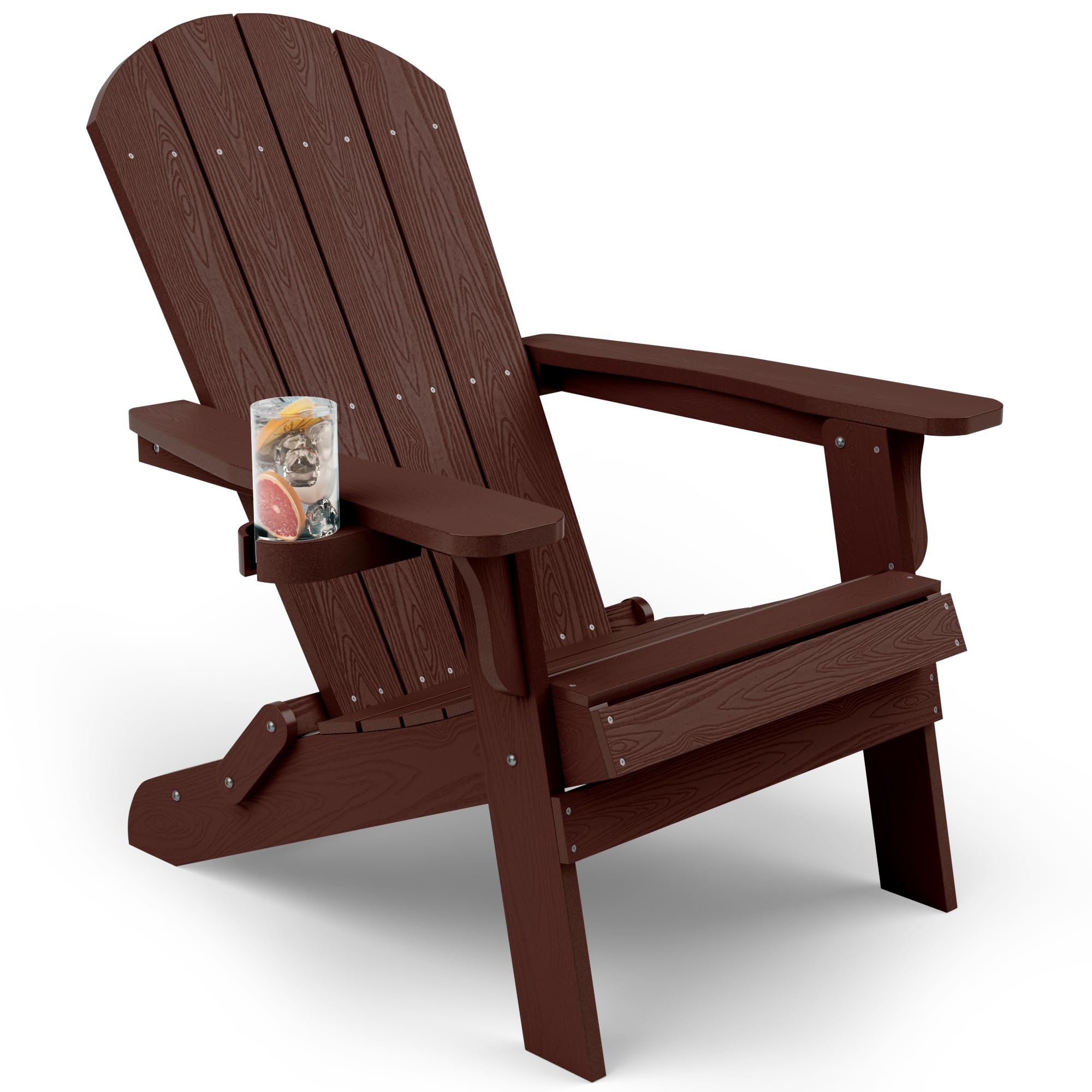 Yefu Adirondack Chair, Oversized Plastic Adirondack Chair Folding Outdoor Chairs With Cup Holder, Lawn Chair With Weather Resistant For Outside Deck Lawn Garden, Weight Capacity Up To 400 Lbs–Mahogany