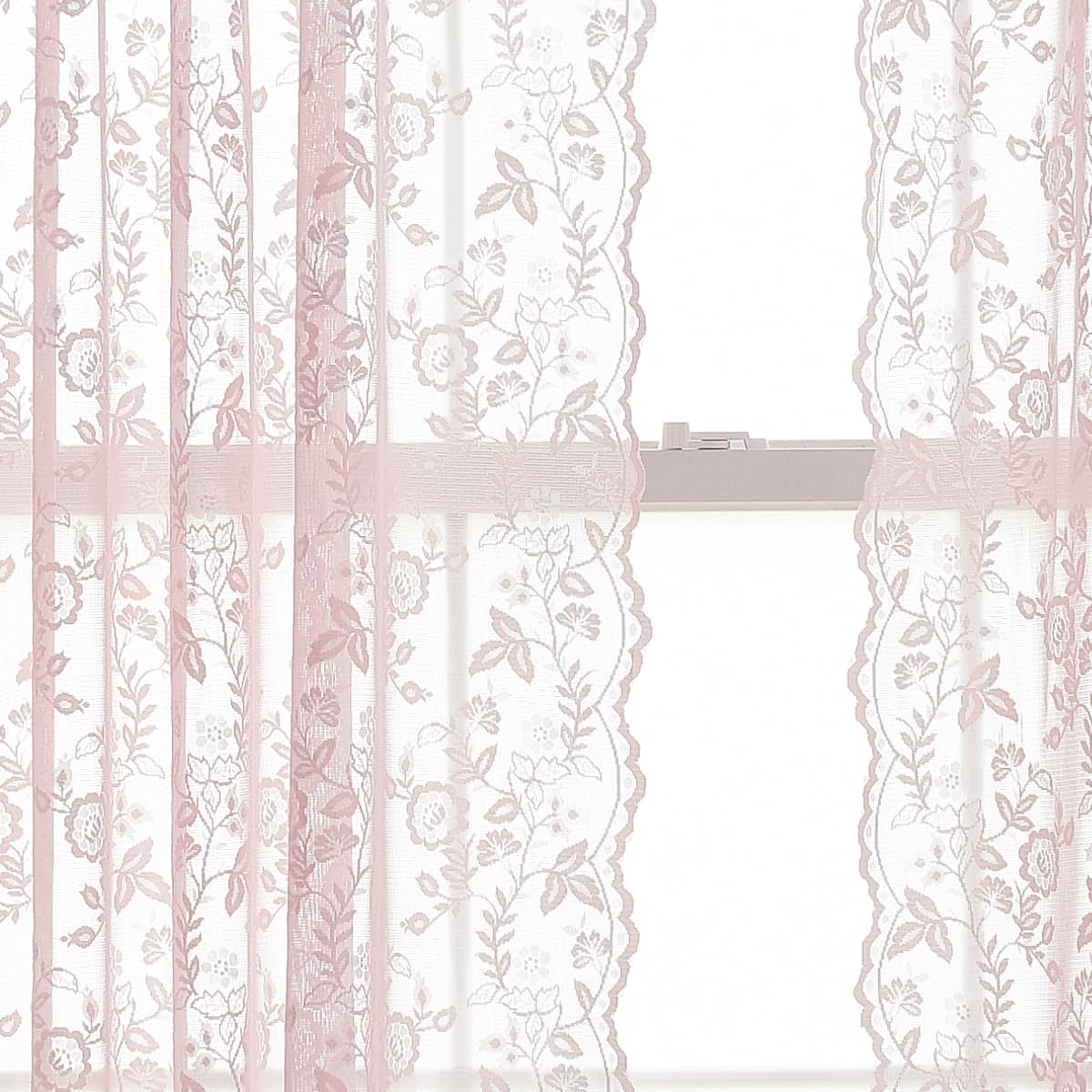 Finecity Pink Lace Curtains 63 Inch Length For Girls Room - Rustic Branch Floral Patterned Sheer Lace Curtains 2 Panels Set, Pri