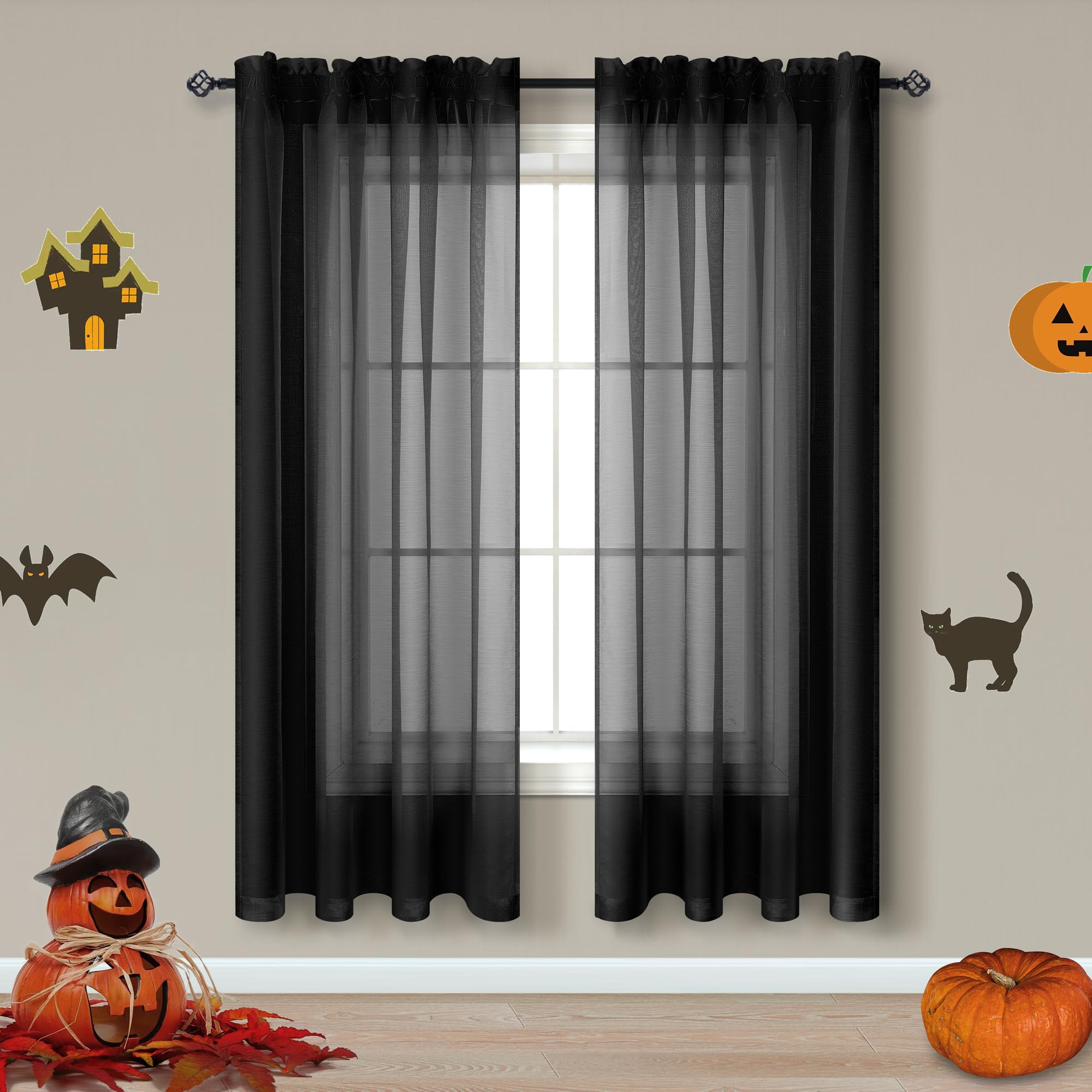 Halloween Decor 72 Inch Length Black Sheer Curtains Set of 2 Panels Rod Pocket See Through Voile Window Curtains for Bedroom Liv