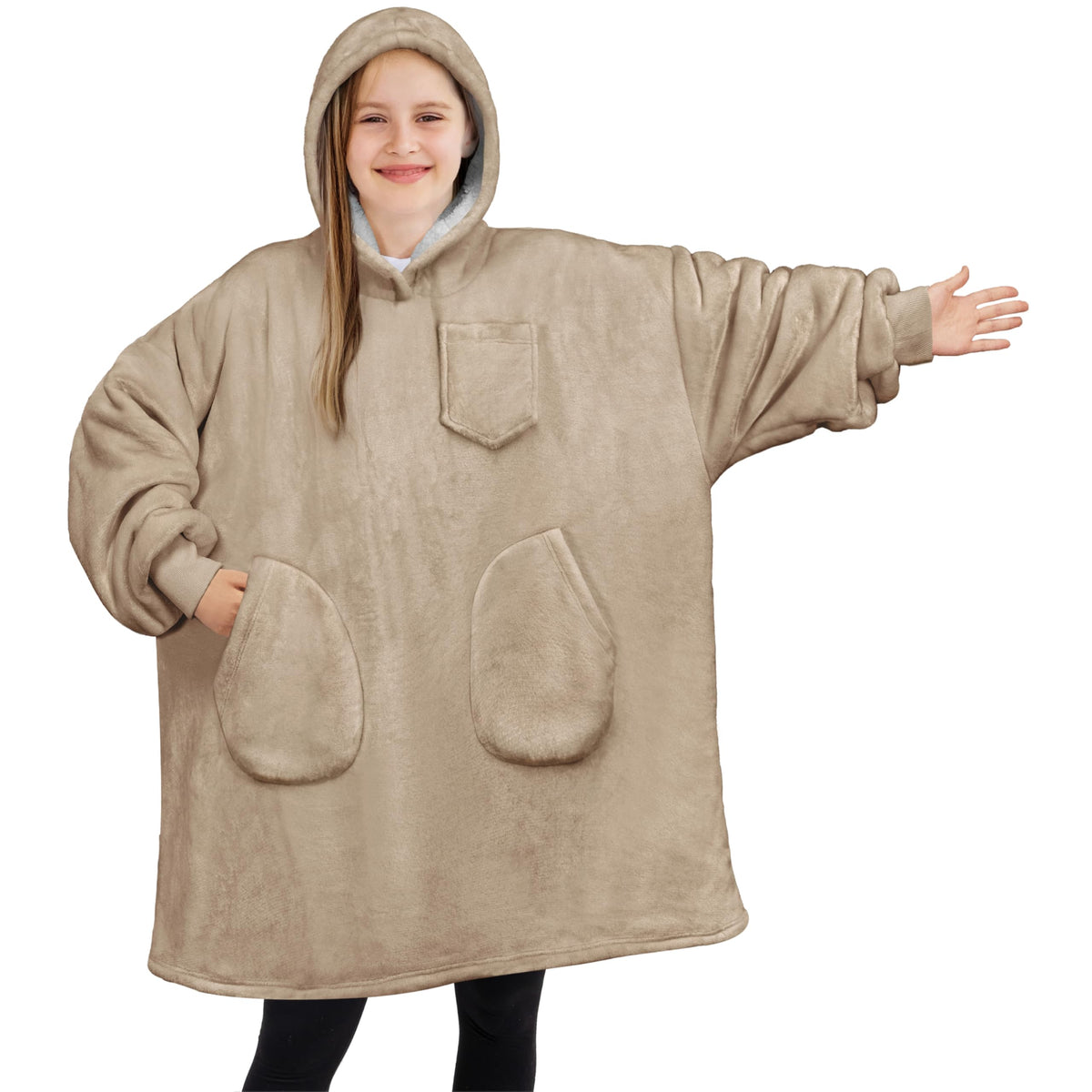 Pavilia Wearable Blanket Sweatshirt For Kids Boy Girl Taupe Tan, Warm Cozy Giant Blanket Hoodie, Fleece Sherpa Oversized Blanket