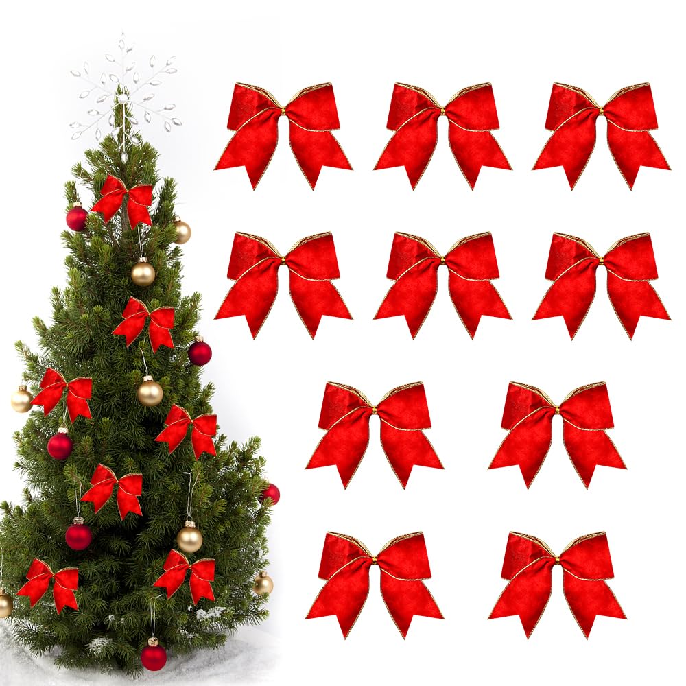 Threetols 10PCS Christmas Wreath Bows, Red Velvet Bows for Wreath Rustic Farmhouse Bows for Front Door Winter Red Bows Christmas