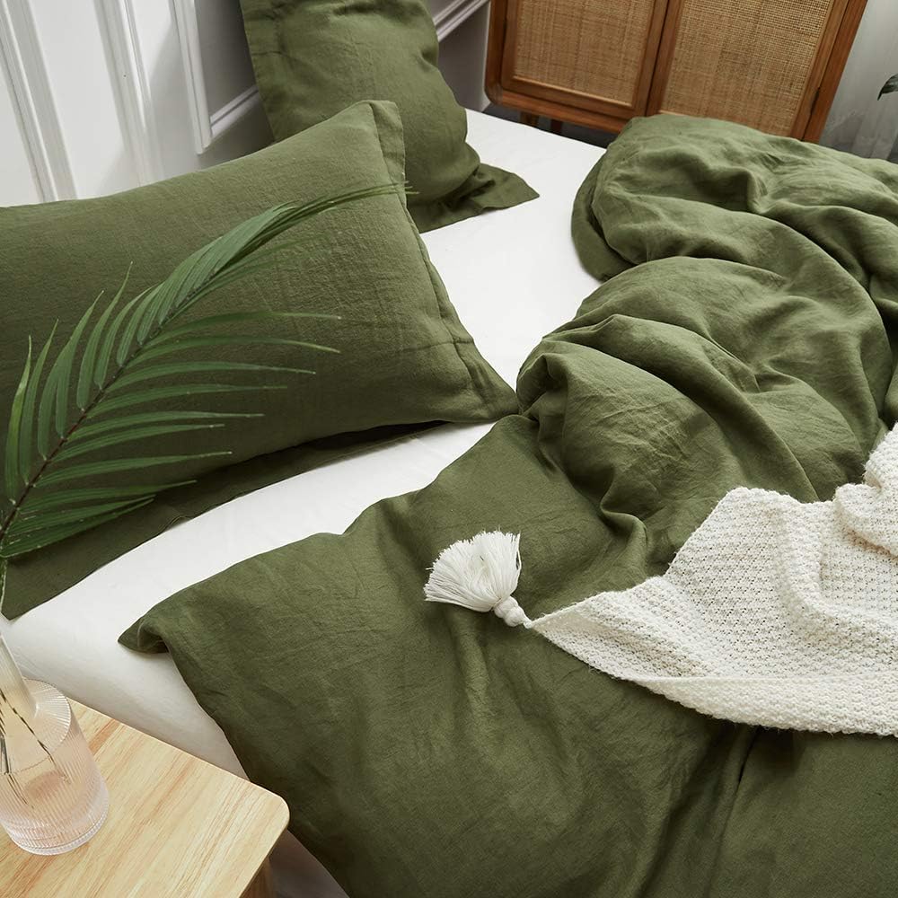 Simple&Opulence 100% Linen Duvet Cover Set, 2 Pcs Pure Natural French Flax Olive Green Duvet Cover Twin Size, Breathable Soft Co
