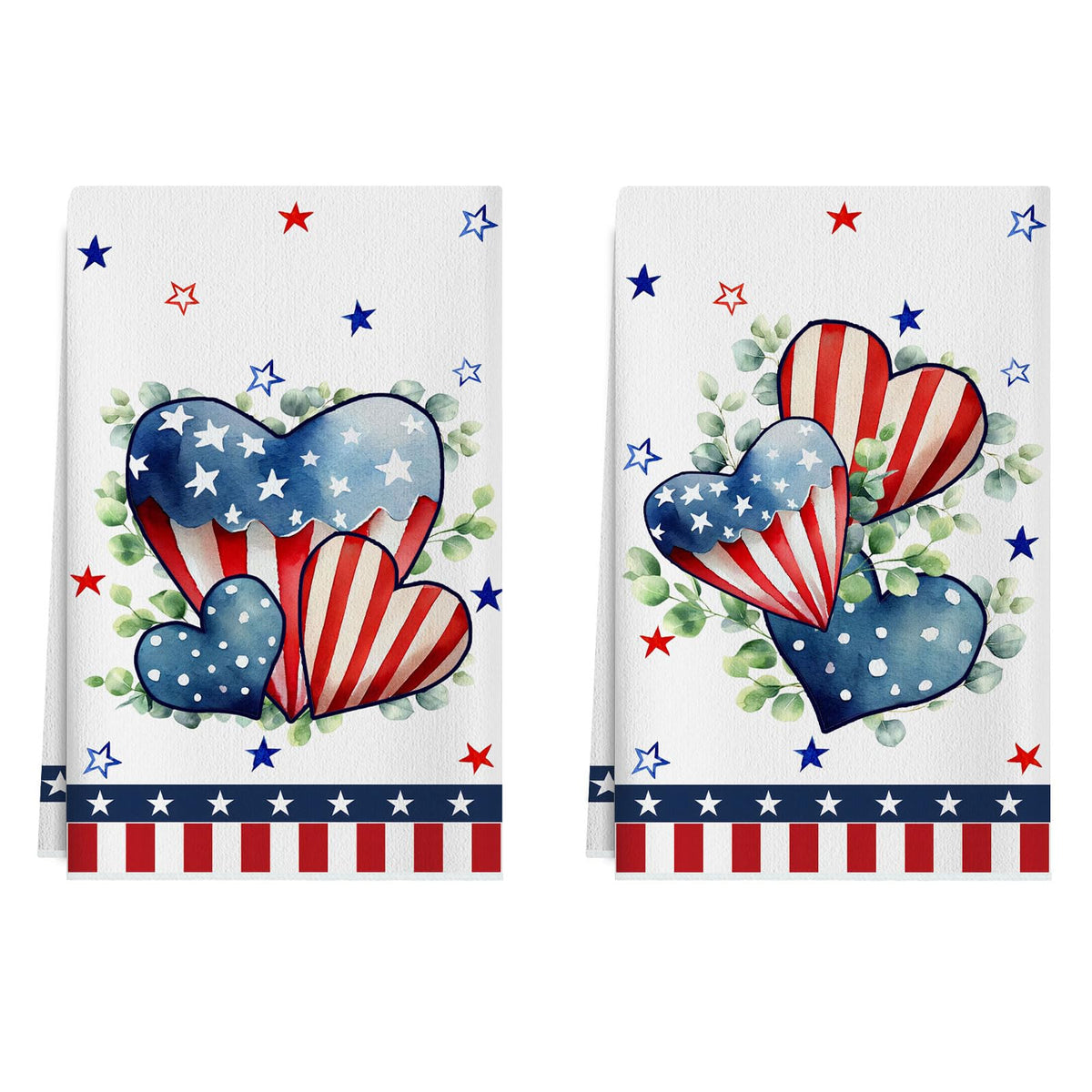 XCHI Love Hearts Eucalyptus Leaves America Stars Patriotic 4th of July Memorial Day Independence Day Kitchen Towels Dish Towels 