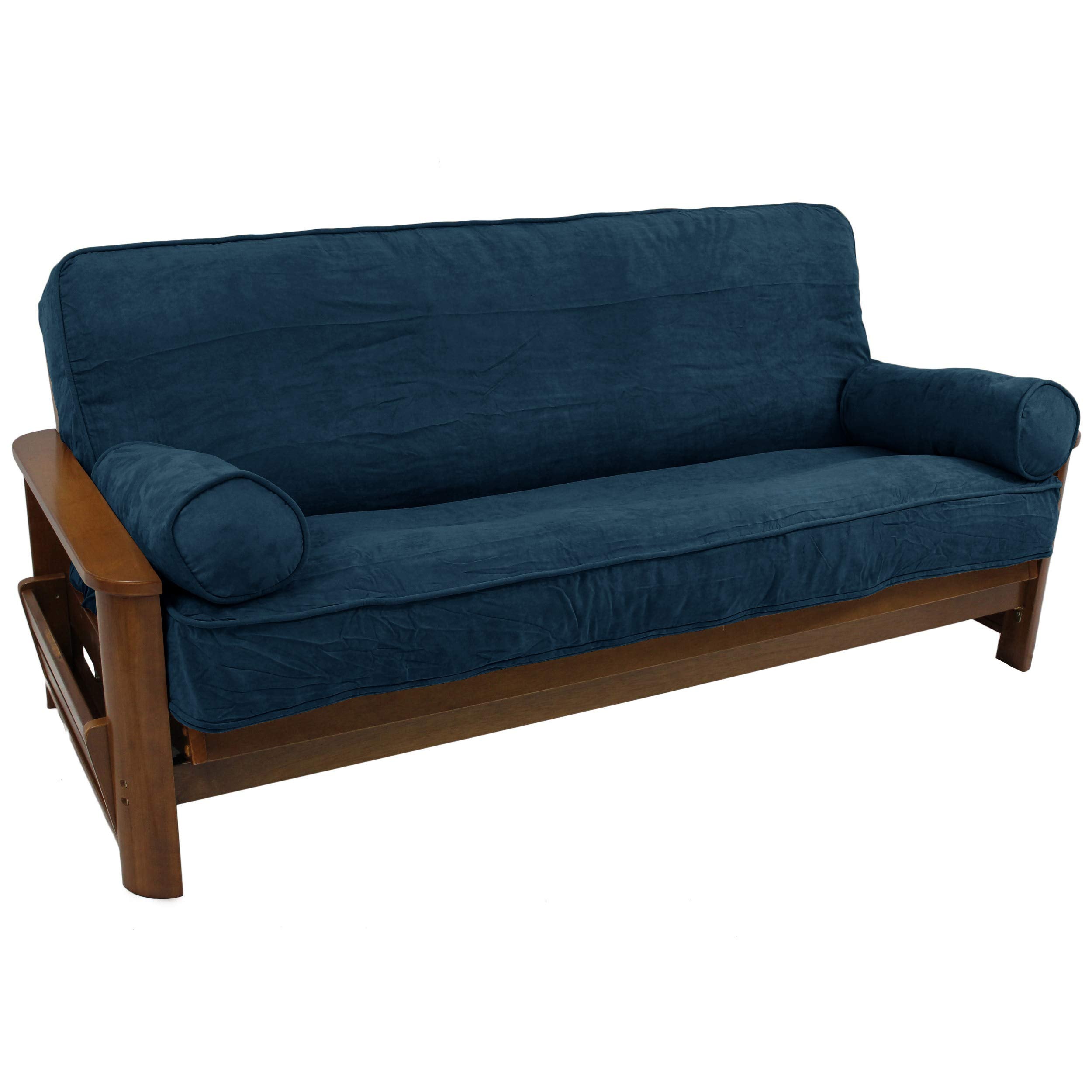 Blazing Needles Solid Microsuede Double Corded 8" to 9" Futon Cover Set with 2 Bolster Pillows (Set of 3), Full, Indigo