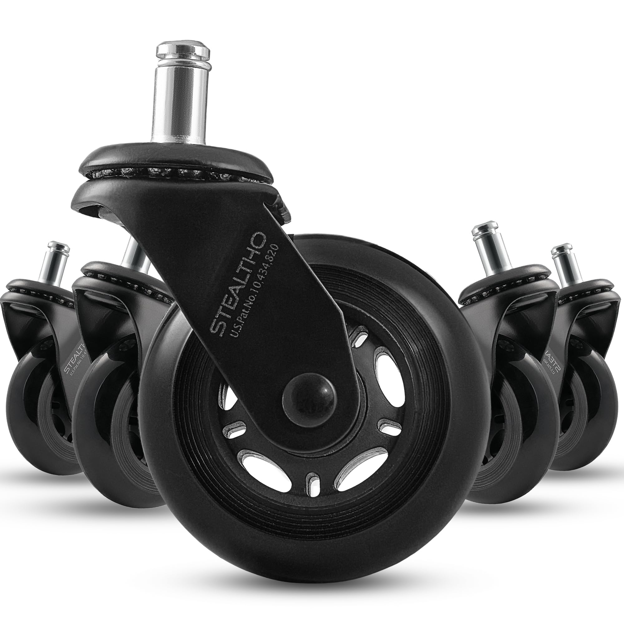 Stealtho Original Office Chair Wheels Set Of 5 - Protect Hardwood Floor & Carpet - Heavy Duty Replacement Casters - Black Soft P
