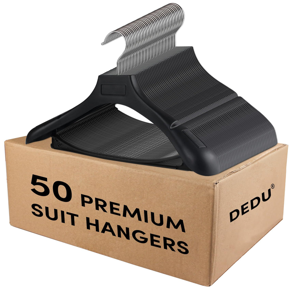 DEDU Suit Hangers for Men 50 Pack, Extra Wide Hangers Non Slip Width 17.7'', Black Coat Hangers Thick Plastic with Pants Bar 360