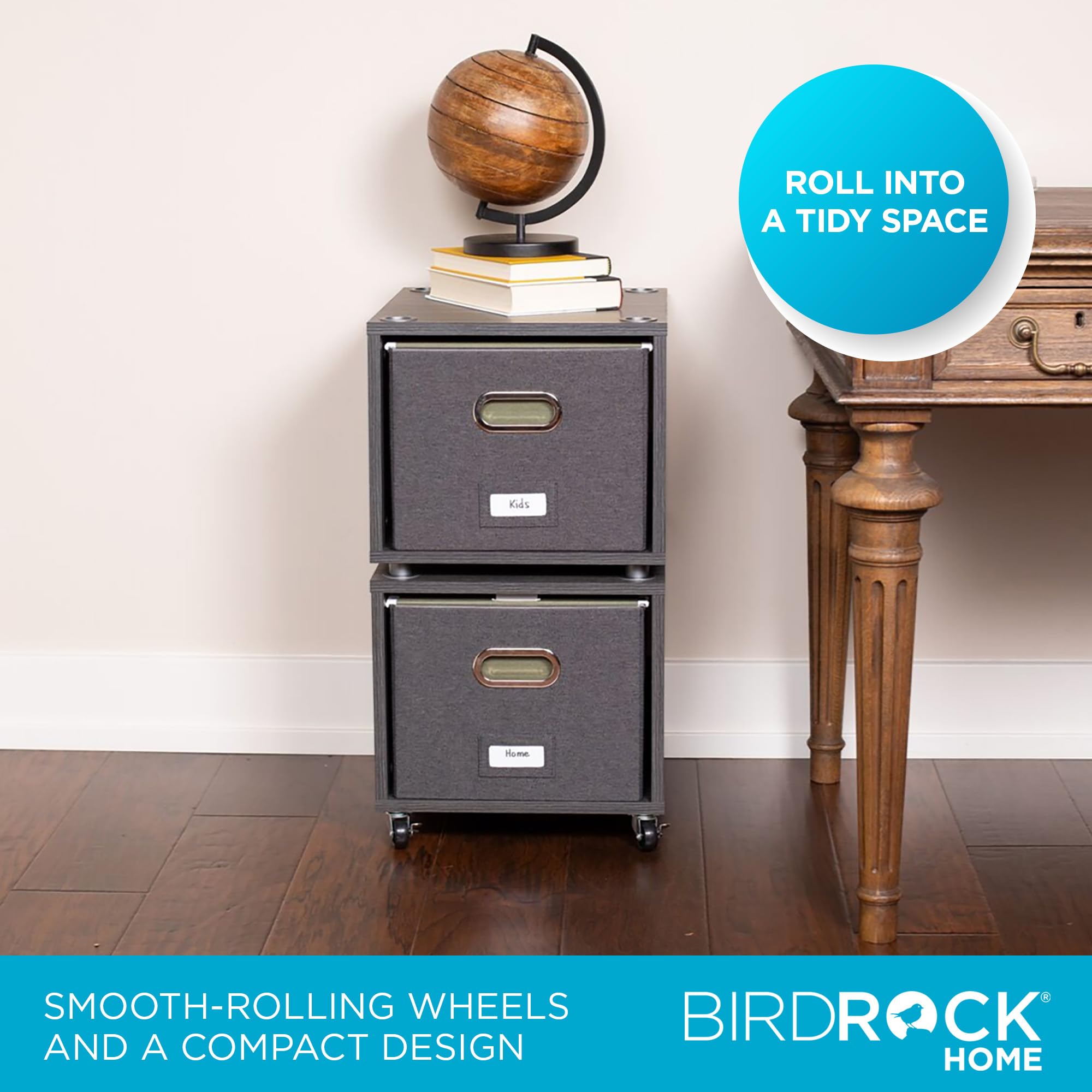 Birdrock Home Rolling File Cabinet – Decorative Storage Shelf W/Removable Bins, Handles, And Wheels – Organize Files, Books, Toys, Under Desk Office Solution, Modern Design - 2 Lateral Drawers, Gray