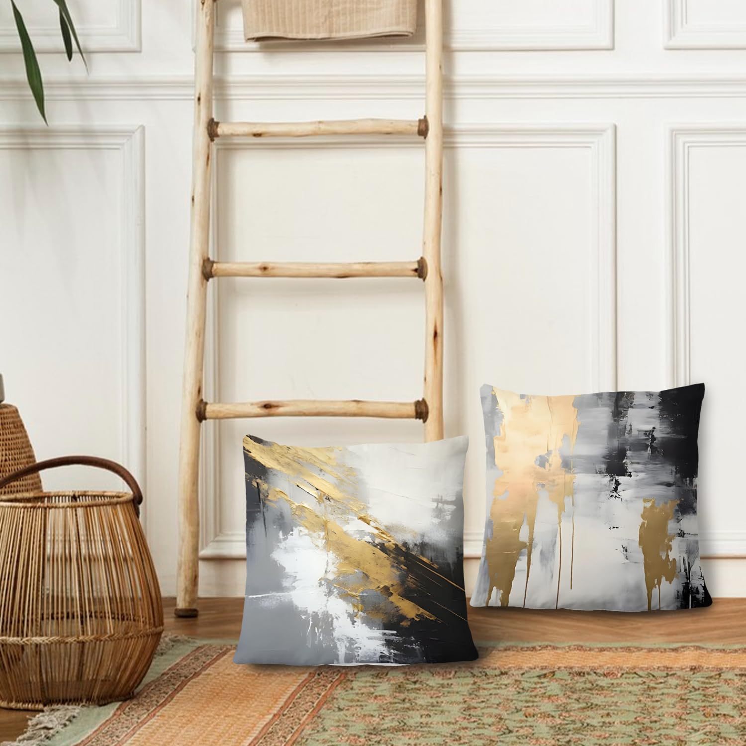 Supwhd Black And Gold Pillow Covers, Abstract White Black And Gold Pillow Covers 16X16 Set Of 2, Modern Black And White Pillow C