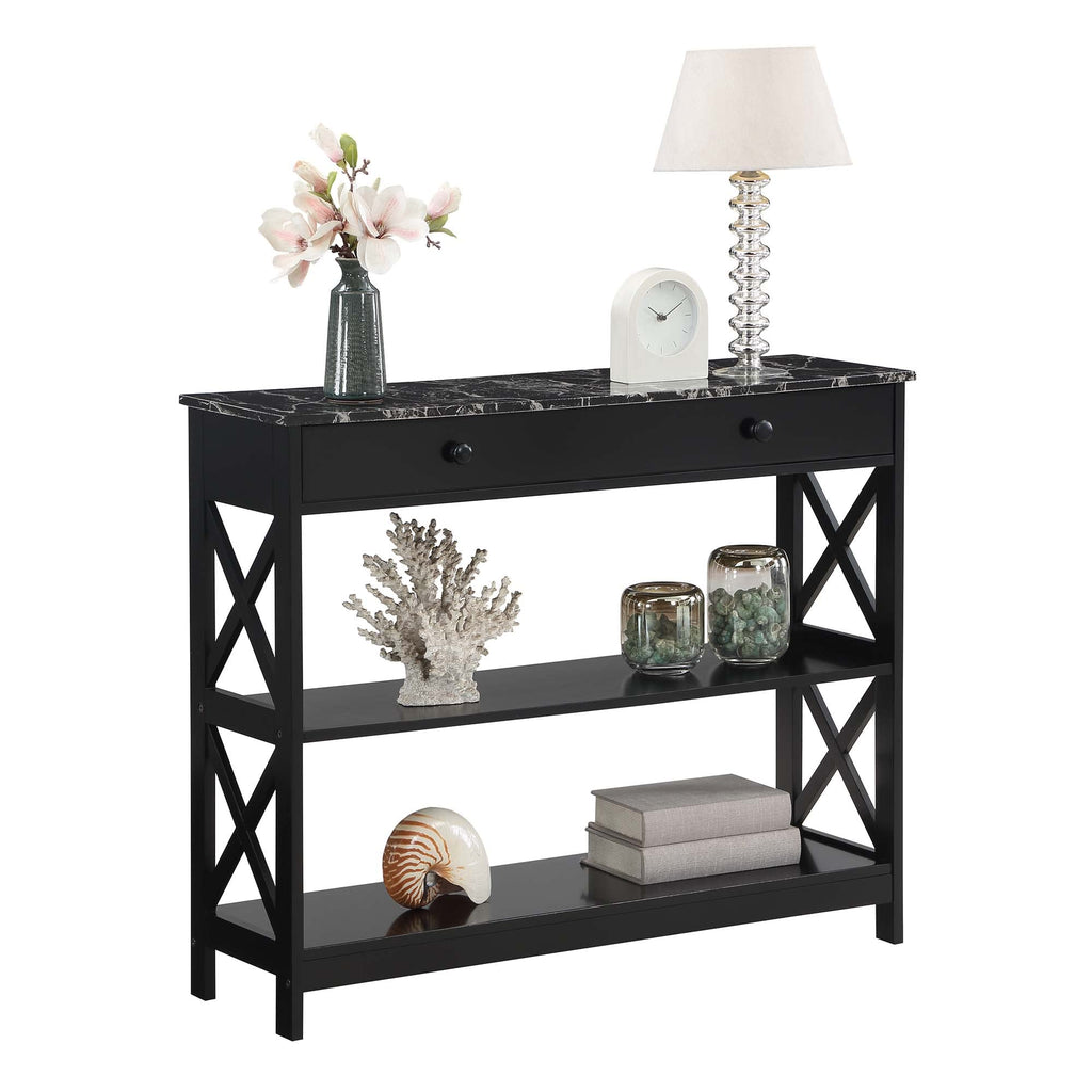 Convenience Concepts Oxford 1 Drawer Console Table With Shelves, Black Faux Marble/Black