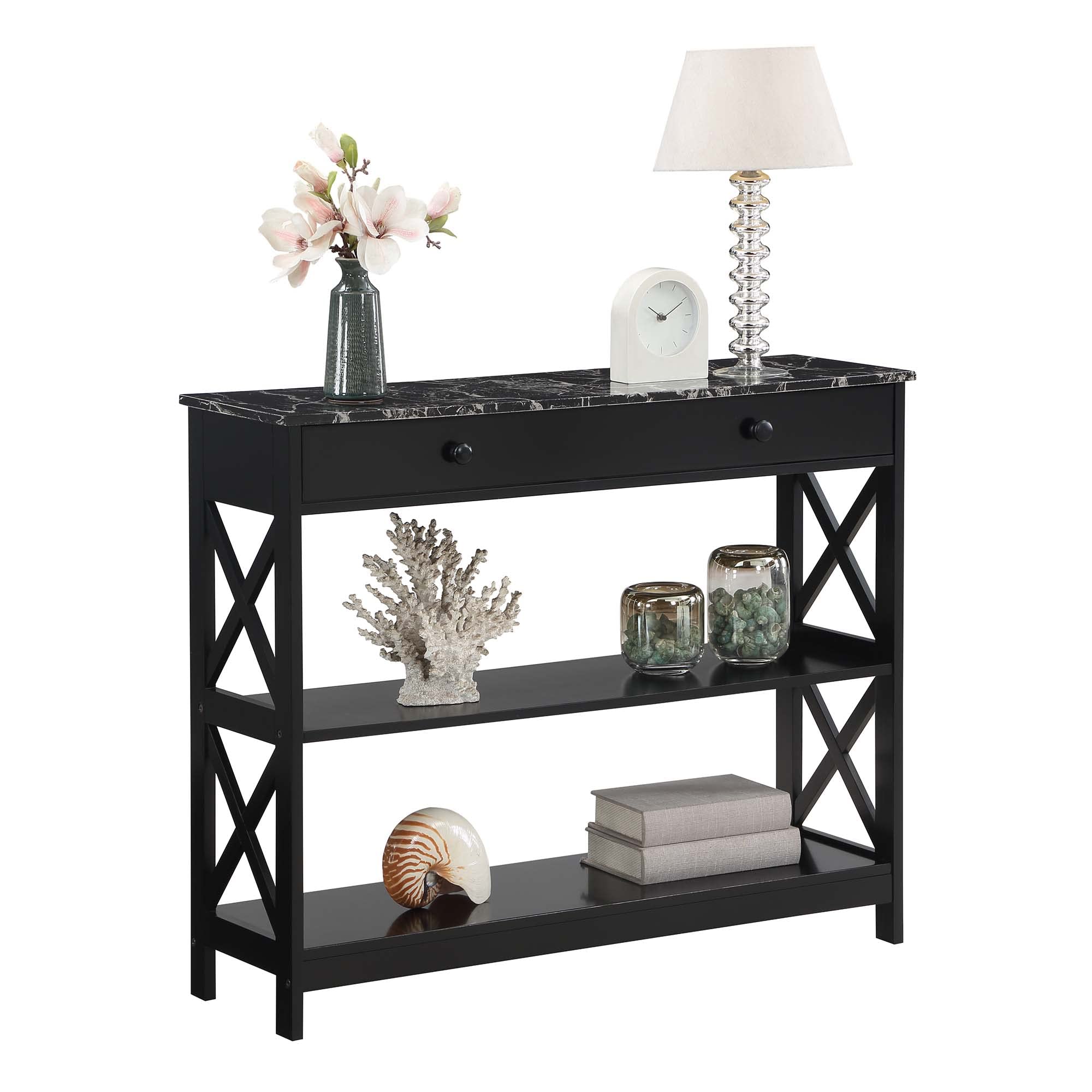 Convenience Concepts Oxford 1 Drawer Console Table With Shelves, Black Faux Marble/Black