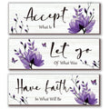 3 Pcs Purple Bathroom Decor Rustic Flower Wall Art Accept Let Go Have Faith Farmhouse Bedroom Wall Decor Wooden Inspirational Qu