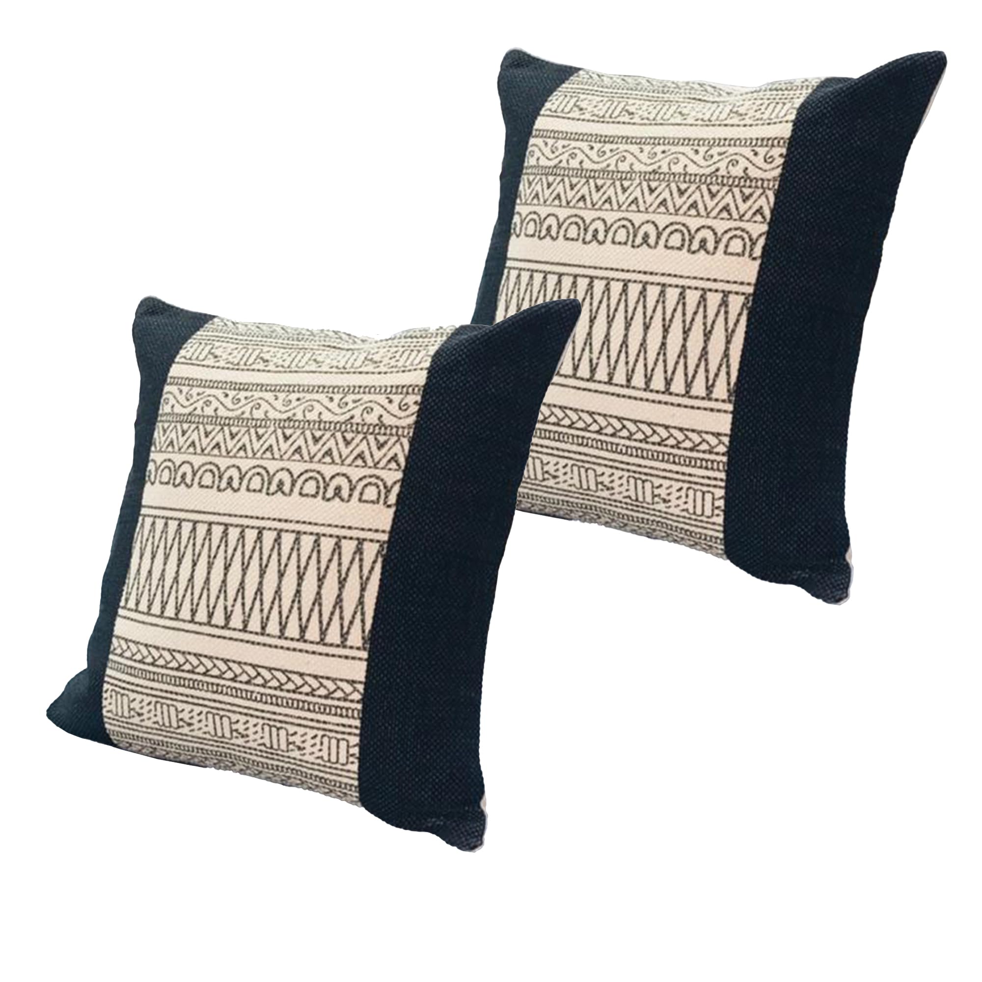 The Urban Port 18 x 18 Square Cotton Accent Throw Pillows, Aztec Linework Pattern, Set of 2, Off White, Black