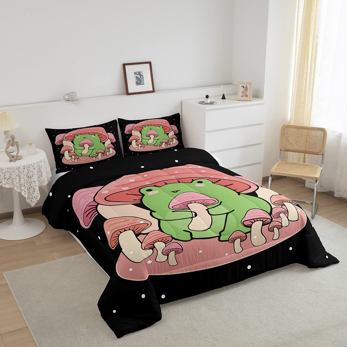 Feelyou Cartoon Mushroom Frog Bedding Set Cute Frog Comforter Set For Kids Boys Girls Natural Wild Fungus Comforter Pink Mushroo