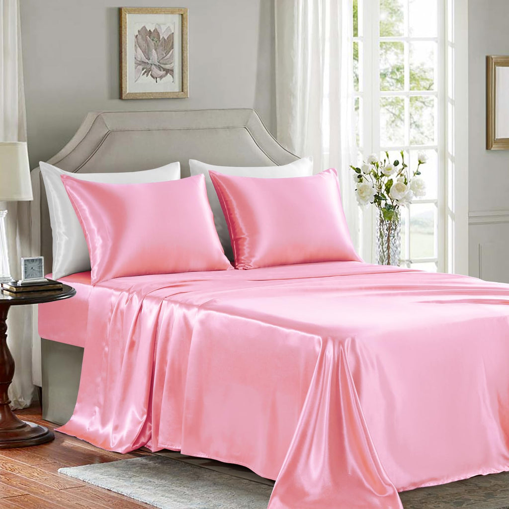 Golal Satin Sheets Queen Size - 4 Pieces Luxury Silky Soft Bed Sheets, Wrinkle-Free Light Pink Satin Silk Sheet Set With 1 Deep Pocket Fitted Sheet, 1 Flat Sheet, 2 Pillow Cases