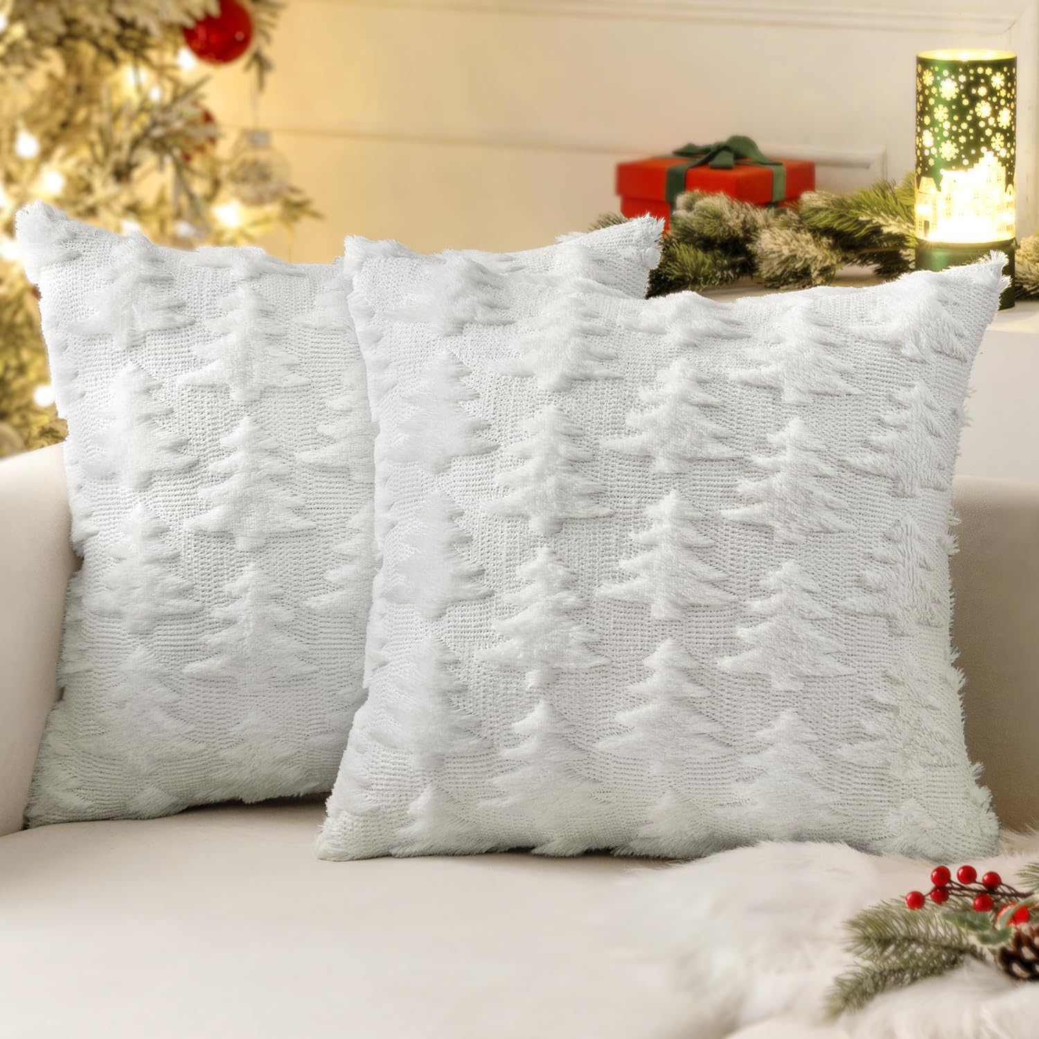 Miulee Pure White Throw Pillow Covers Christmas Tree Decorative Pillow Covers 20X20 Inch Soft Plush Faux Wool Pillow Covers Set