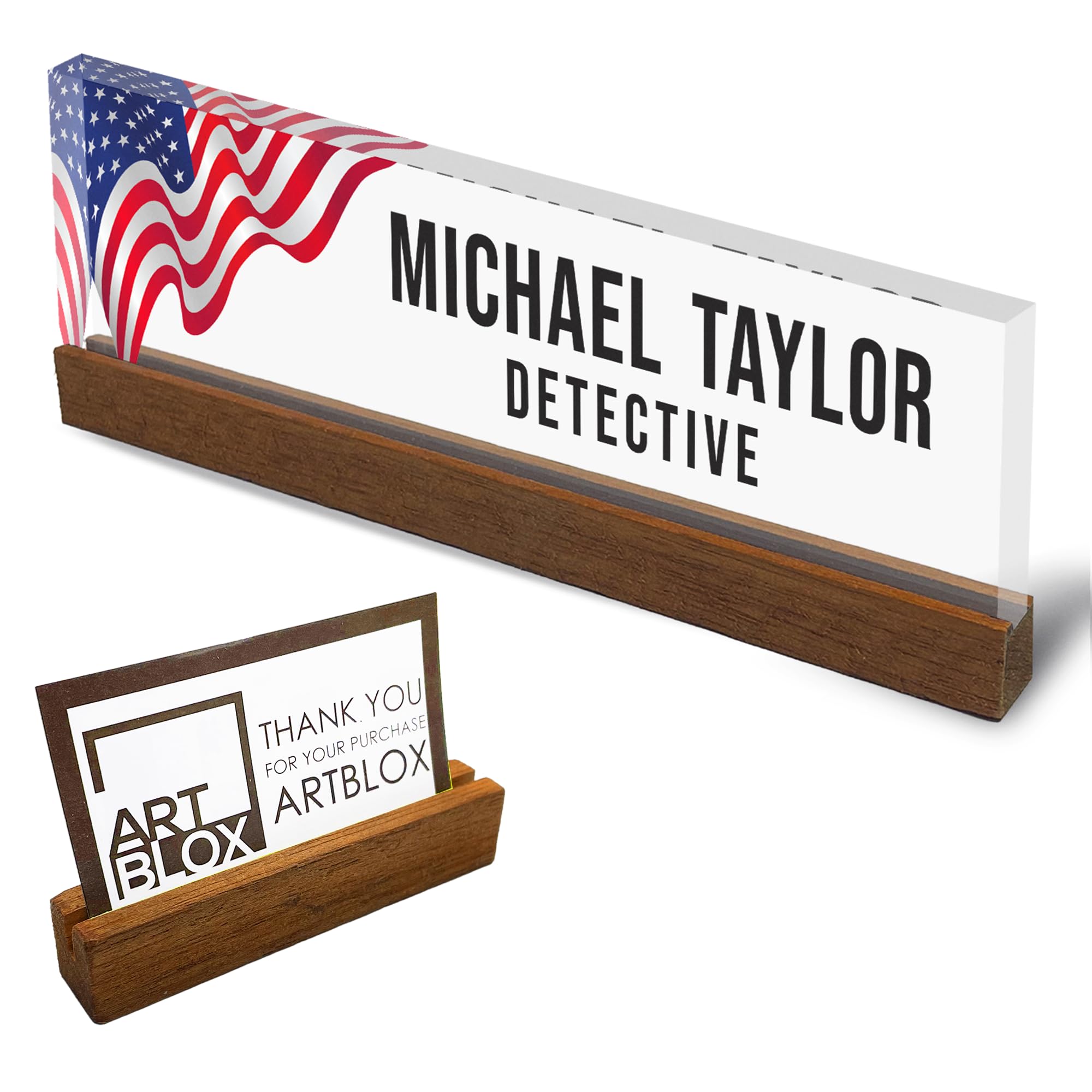 Artblox Personalized Office Desk Name Plate With Business Card Holder | Clear Acrylic Glass With Teak Wood Stand | Us Flag Desig