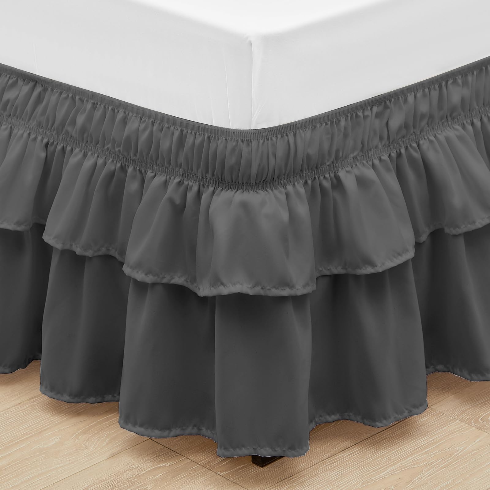 Rimela Ruffle Bed Skirt Dark Grey Full 14 Inch Drop, Elastic Wrap Around Bed Skirts Full Size, Easy To Install Dust Ruffle, Mach
