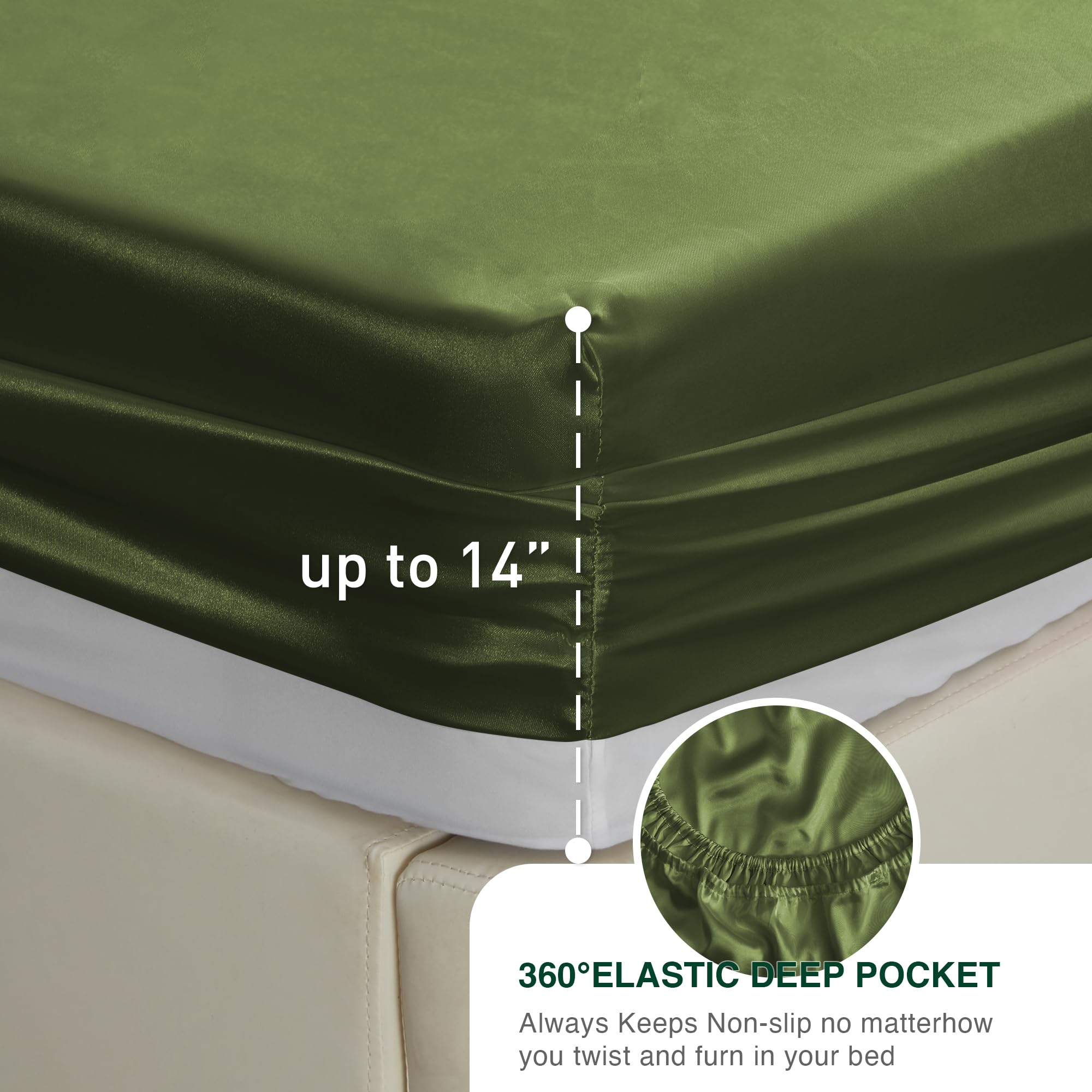 Love'S Cabin Satin Queen Bed Sheet Set - 4 Piece, Sage, Silky Soft, Deep Pocket, Luxury Feel
