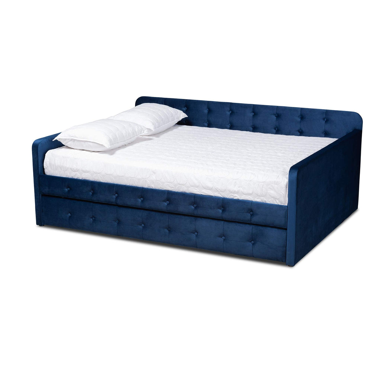 Baxton Studio Jona Modern and Contemporary Transitional Navy Blue Velvet Fabric Upholstered and Button Tufted Full Size Daybed with Trundle