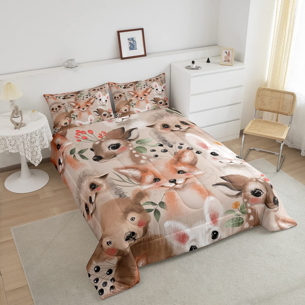 Kawaii Animals Comforter Set Queen Size,Cute Fox Deer Rabbit Bedding Set Kids Young Man,Plants Leaves Comforter For Teen Child Room Decor,Animal Home Quilted Duvet Set With 2 Pillowcase