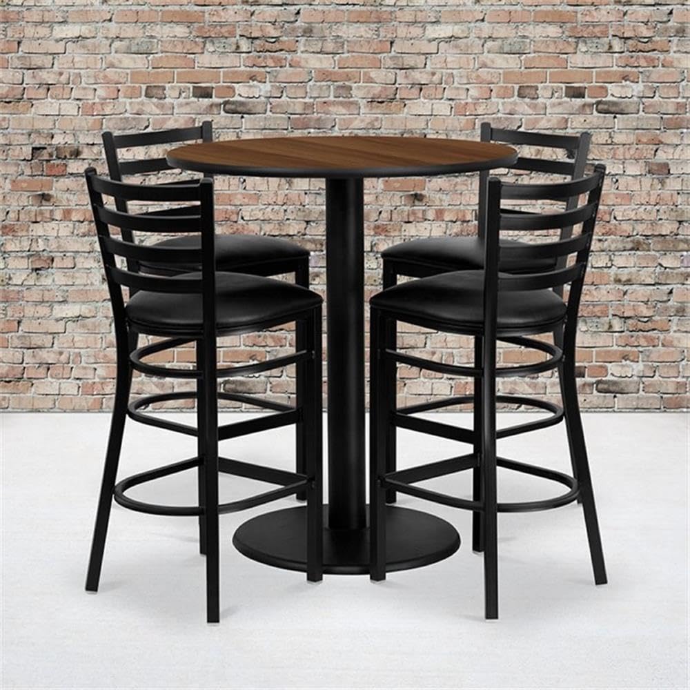 Flash Furniture Clark 36'' Round Walnut Laminate Table Set With 4 Ladder Back Metal Barstools - Black Vinyl Seat
