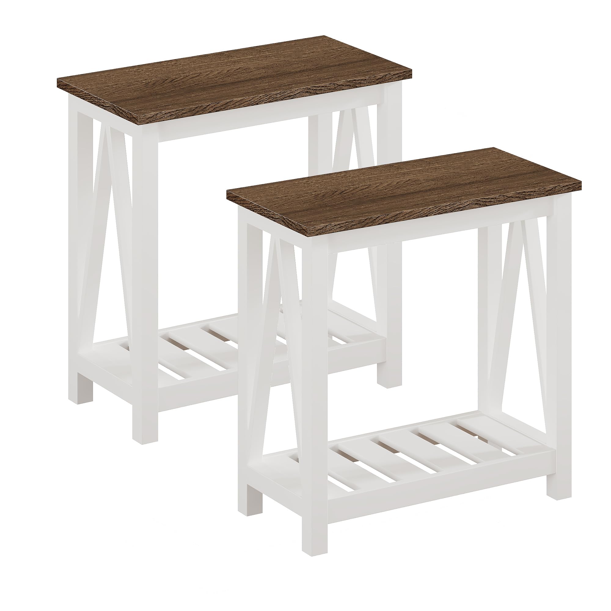 ChooChoo Farmhouse End Table Set of 2, Rustic Vintage Narrow End Side Table with Storage Shelf for Small Spaces, Nightstand Sofa