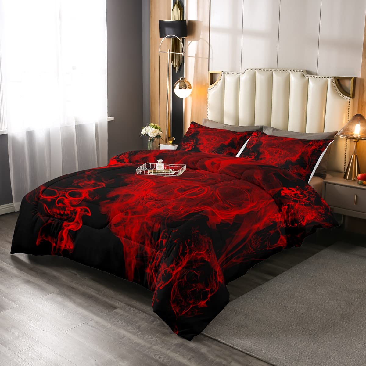 Gothic Skull Bedding Set Red And Black Skeleton Comforter Set King For Kids Boys Teen Men,Psychedelic Goth Skull Quilted Duvet T