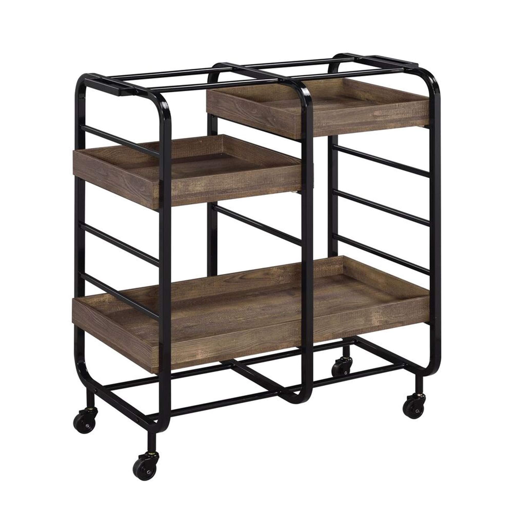Benjara Metal Frame Serving Cart With 3 Open Storage And Casters, Brown And Black