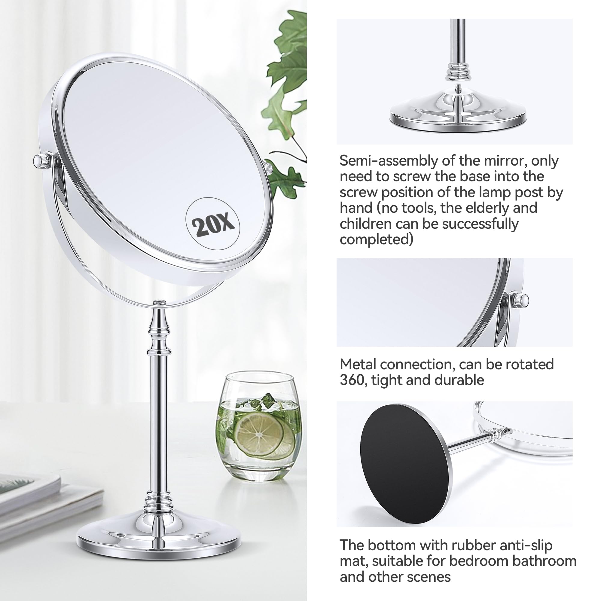 Miyadiva Magnifying Mirror 20X, Double Sided 1X & 20X Magnifying Mirror On Stand, Large Tabletop Magnified Vanity Mirror, Magnif