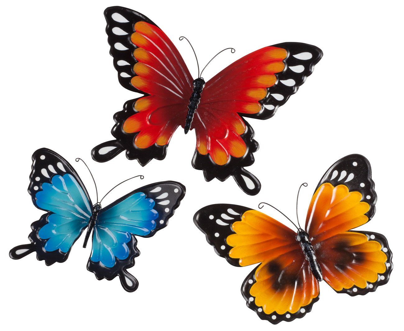 Fox Valley Traders Indoor/Outdoor Metal Butterflies, Set Of 3 - Blue, Yellow, And Orange Butterflies With 7', 8', And 10' Dia