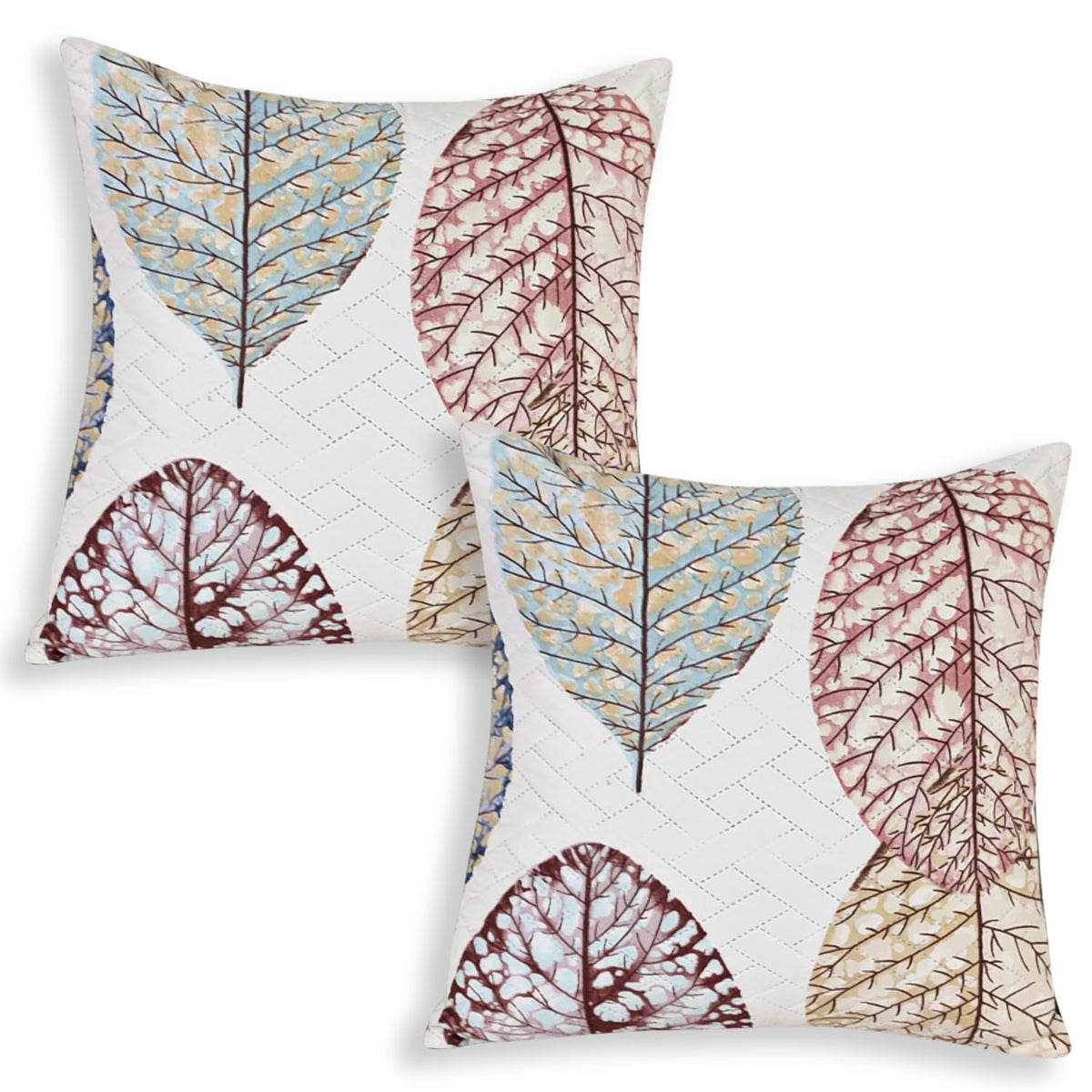 Hokipo Homehues Series Printed Quilted Sofa Cushion Cover 16X16 Inches, Set Of 2, Multicolor Linden Leaf (In819D7*2)