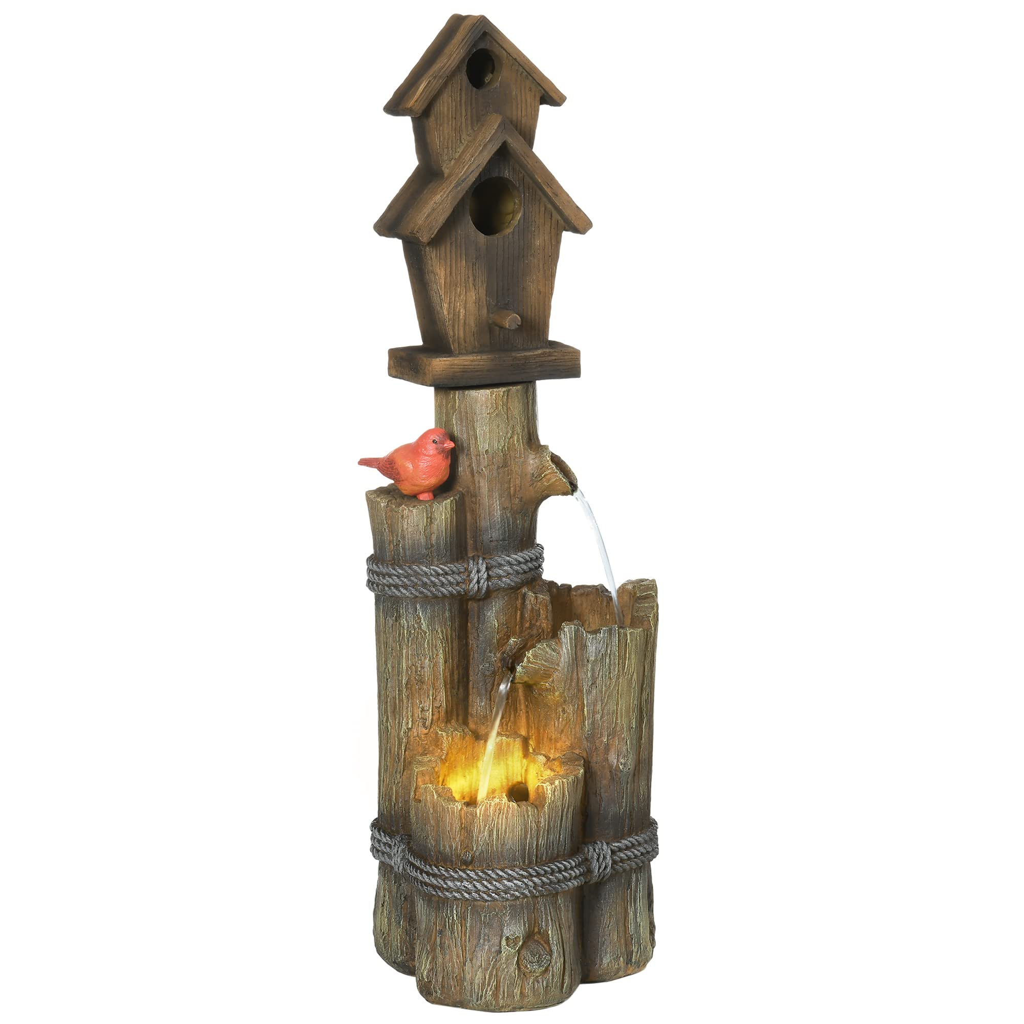 Outsunny Outdoor Fountain With Birdhouse, Cascading Garden Waterfall Bird Bath With 3-Tier Rustic Tree Trunk/Log Design, Led Lig