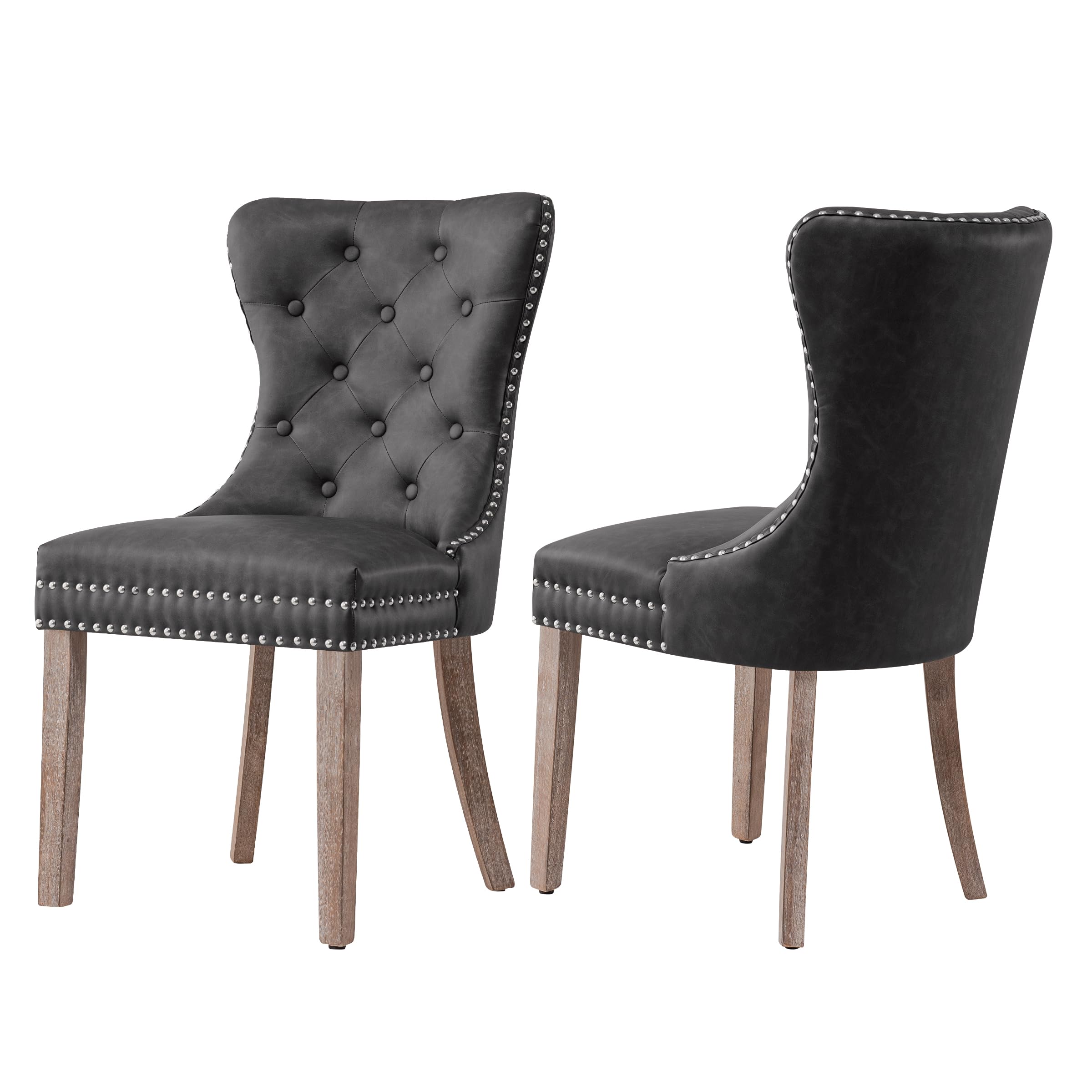 Chun Yi Faux Leather Dining Chairs Set Of 2, Tufted Wingback Upholstered Dining Room Chairs With Nailhead And Wood Legs, Mid Cen