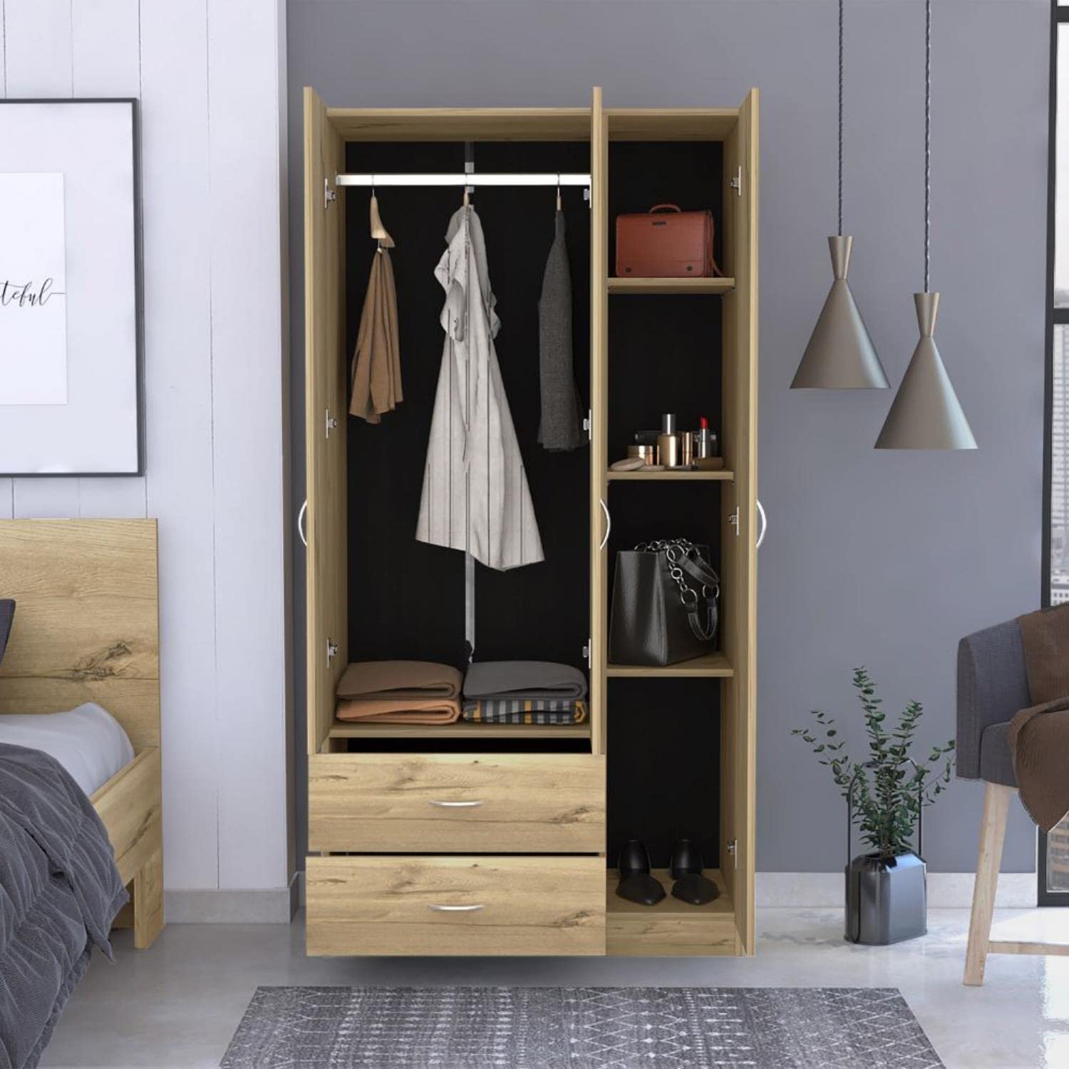 Bosko 3 Doors Armoire, 2 Drawers, Metal Rod, Light Oak/Black