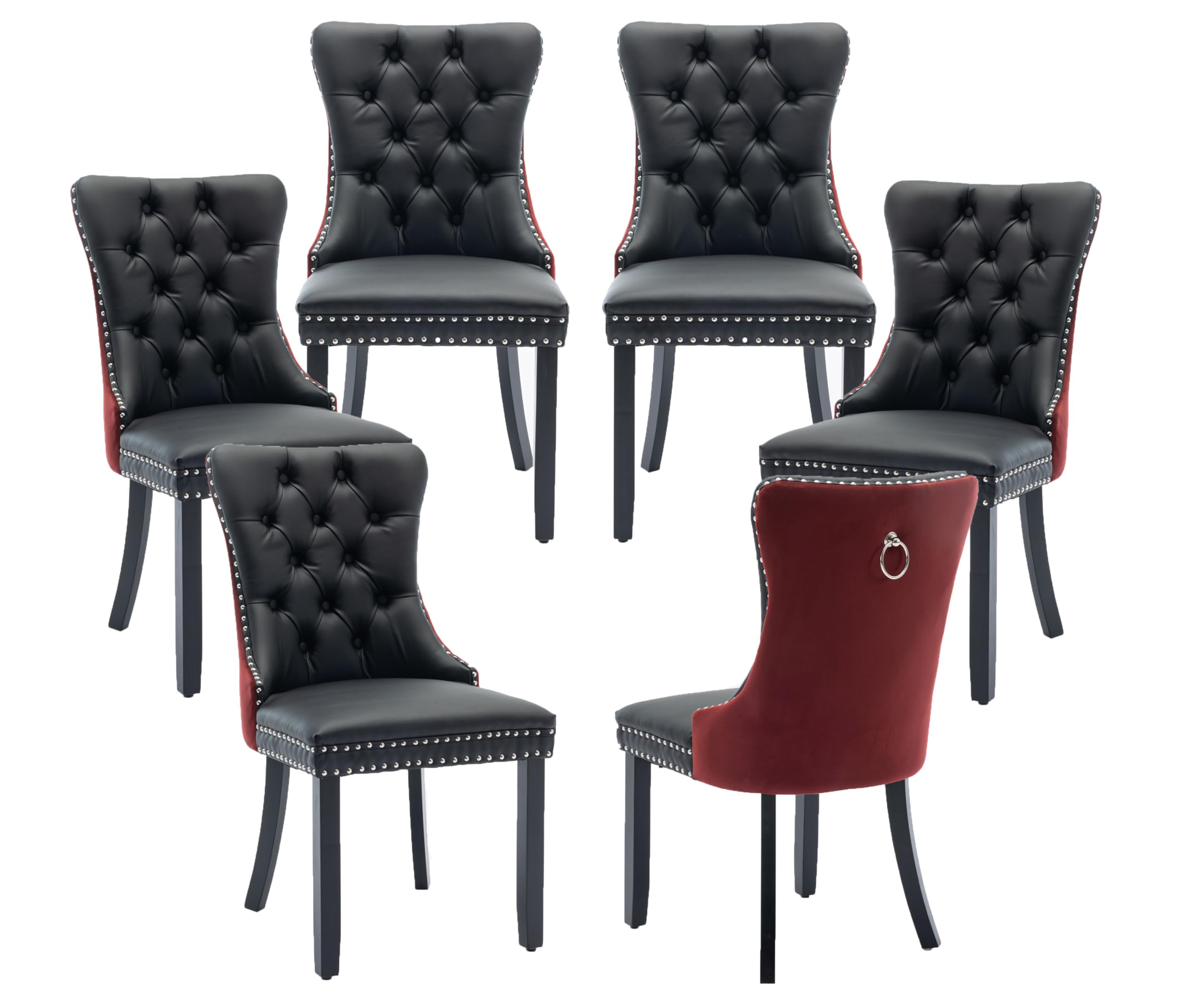 Lktart Dining Chairs Set Of 6 Pu Upholstered Tufted Back With Nailhead Trim And Back Ring Pull Solid Wood Legs For Kitchen Bedro