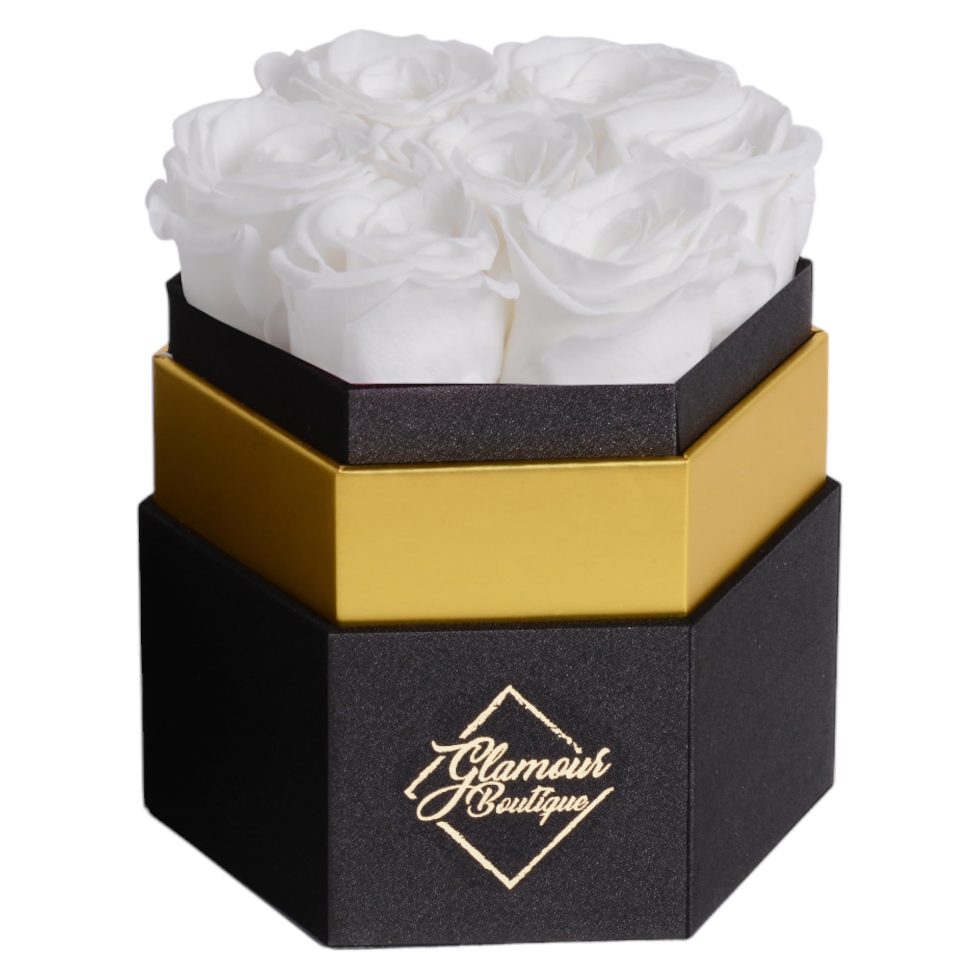 Glamour Boutique 7-Piece Forever White Rose Box - Preserved Roses In A Box, Immortal Roses In A Box That Last A Year - Eternal R