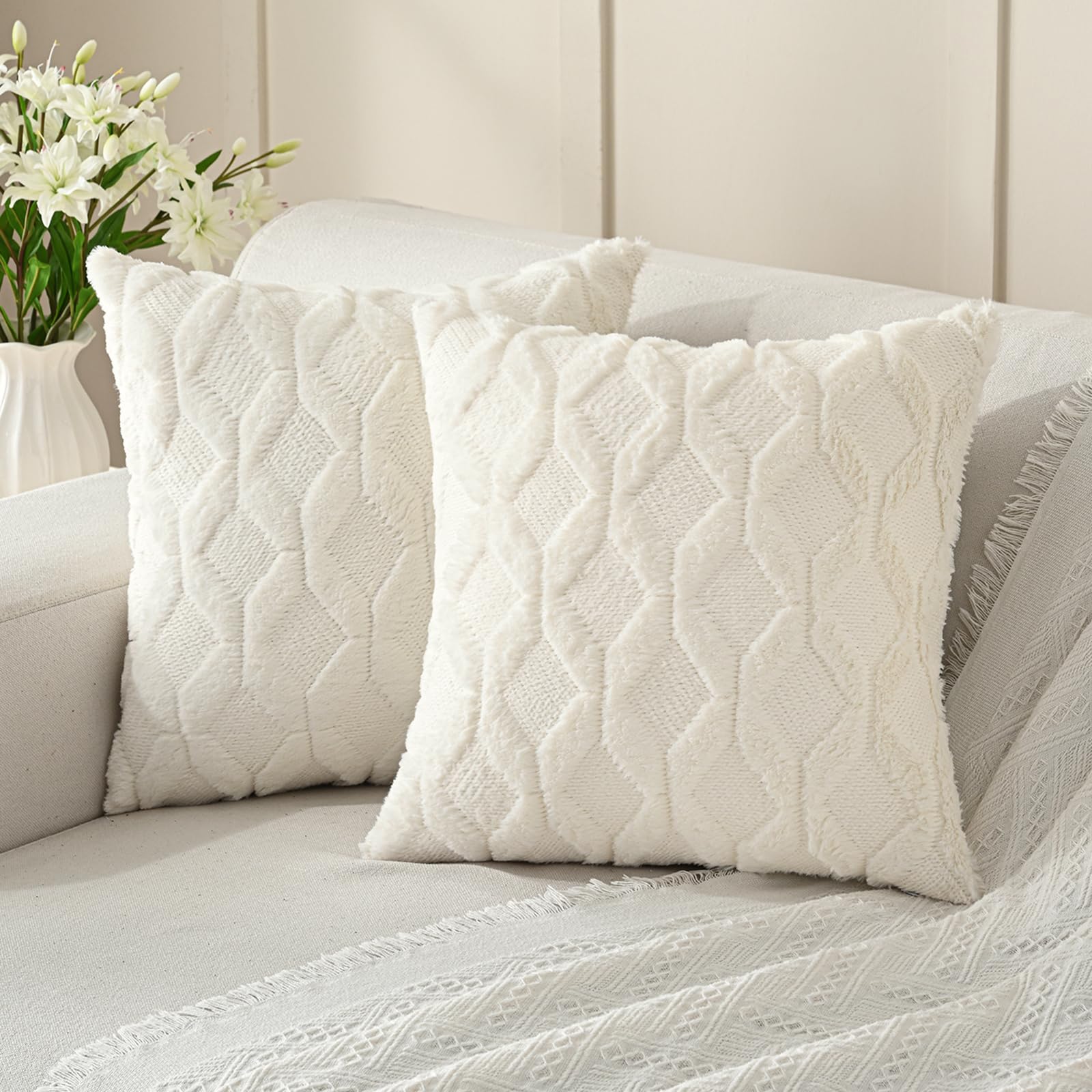 Volcanics Pack Of 2 Faux Wool Throw Pillow Covers 18X18 Inches Decorative Farmhouse Velvet Couch Pillow Case Soft Plush Square B