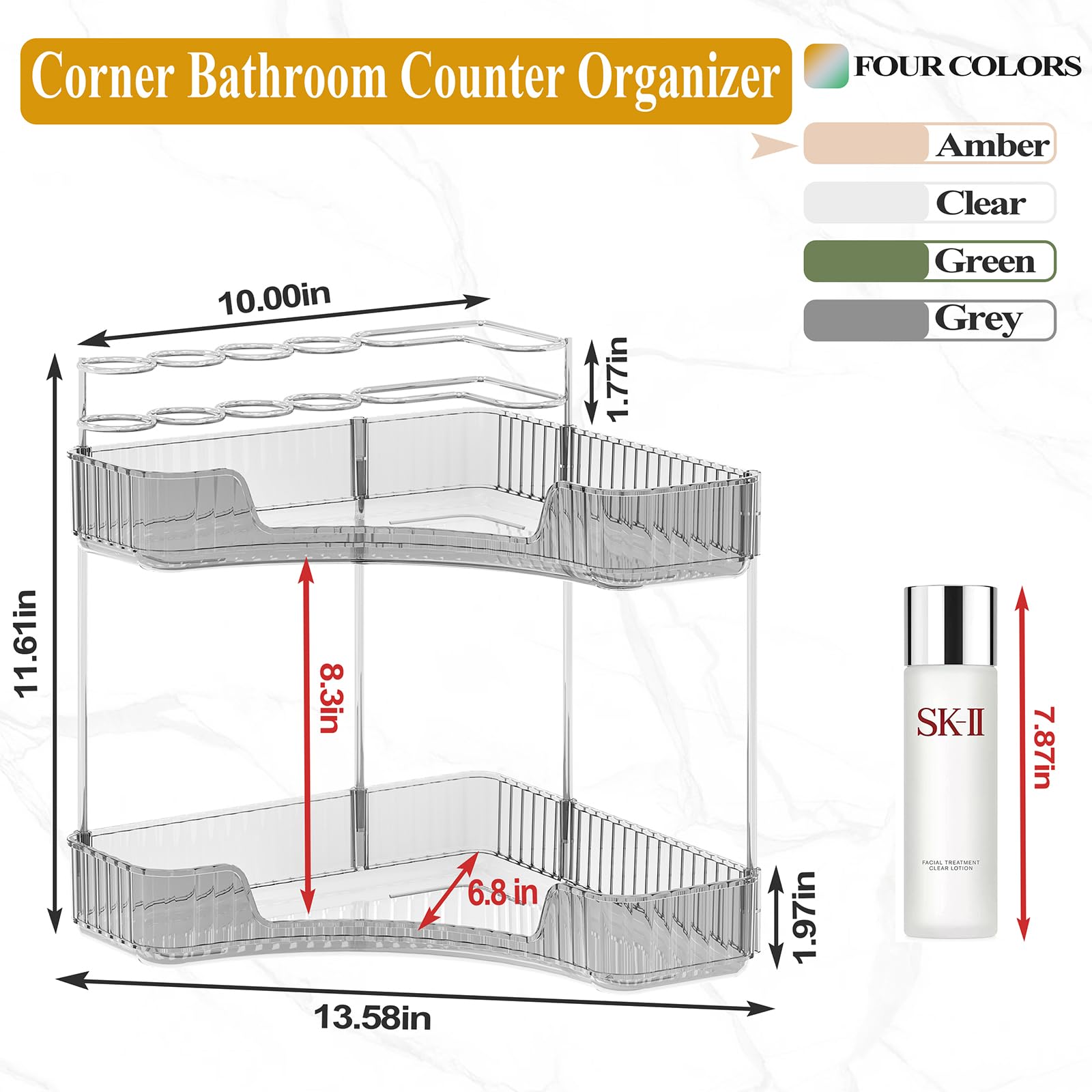 2 Tier Corner Bathroom Counter Organizer, Bathroom Countertop Shelf With Makeup Brush Holder, Makeup Organizer For Vanity Perfum