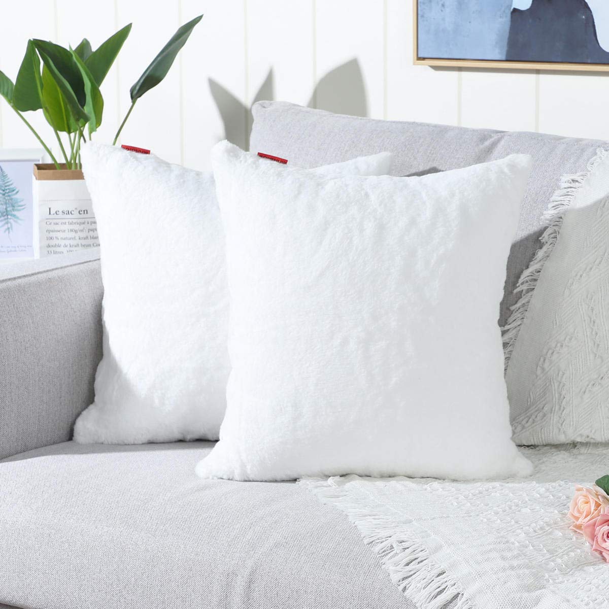 Mandioo Pack Of 2 Pure Snow White Faux Fur Fuzzy Cozy Soft Decorative Throw Pillow Covers Set Cushion Cases Pillowcases For Sofa