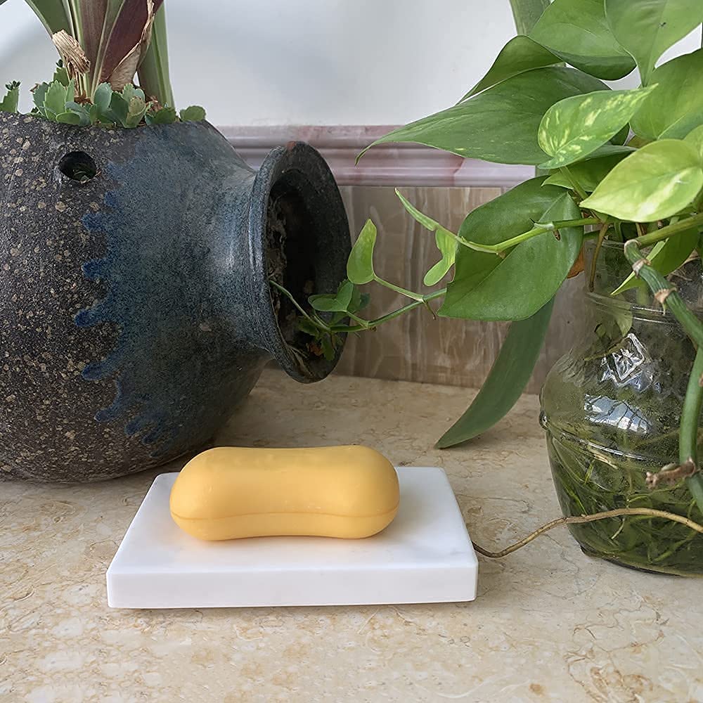 Stoneplus Natural Smooth Real Marble Soap Dish/Facial Sponge Holder/Bathroom Makeup Sponge Tray With Draining Hole (Volakas Whit