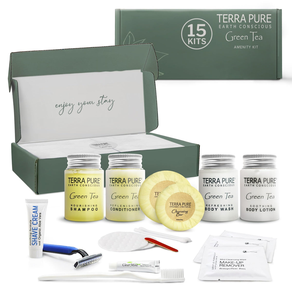 Terra Pure Green Tea Amenity & Accessory Kit | 1 oz Travel Size Shampoo, Conditioner, Lotion, Body Wash, 2 Soap Bars, Shave & De